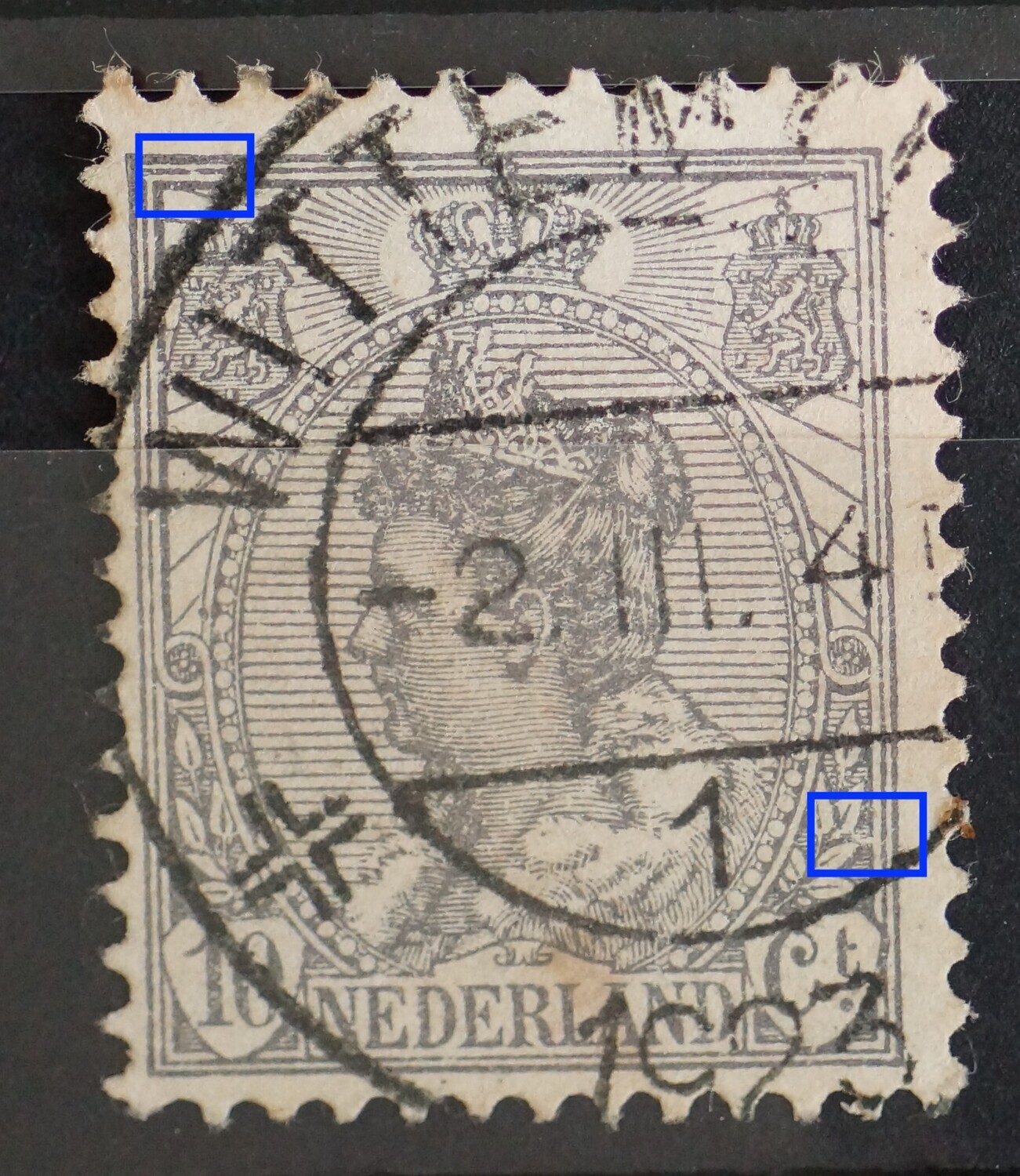 NVPH 81 - o.a. breuk in kaderlijn boven linker wapenschild NVPH 81 - o.a. breuk in kaderlijn boven linker wapenschild