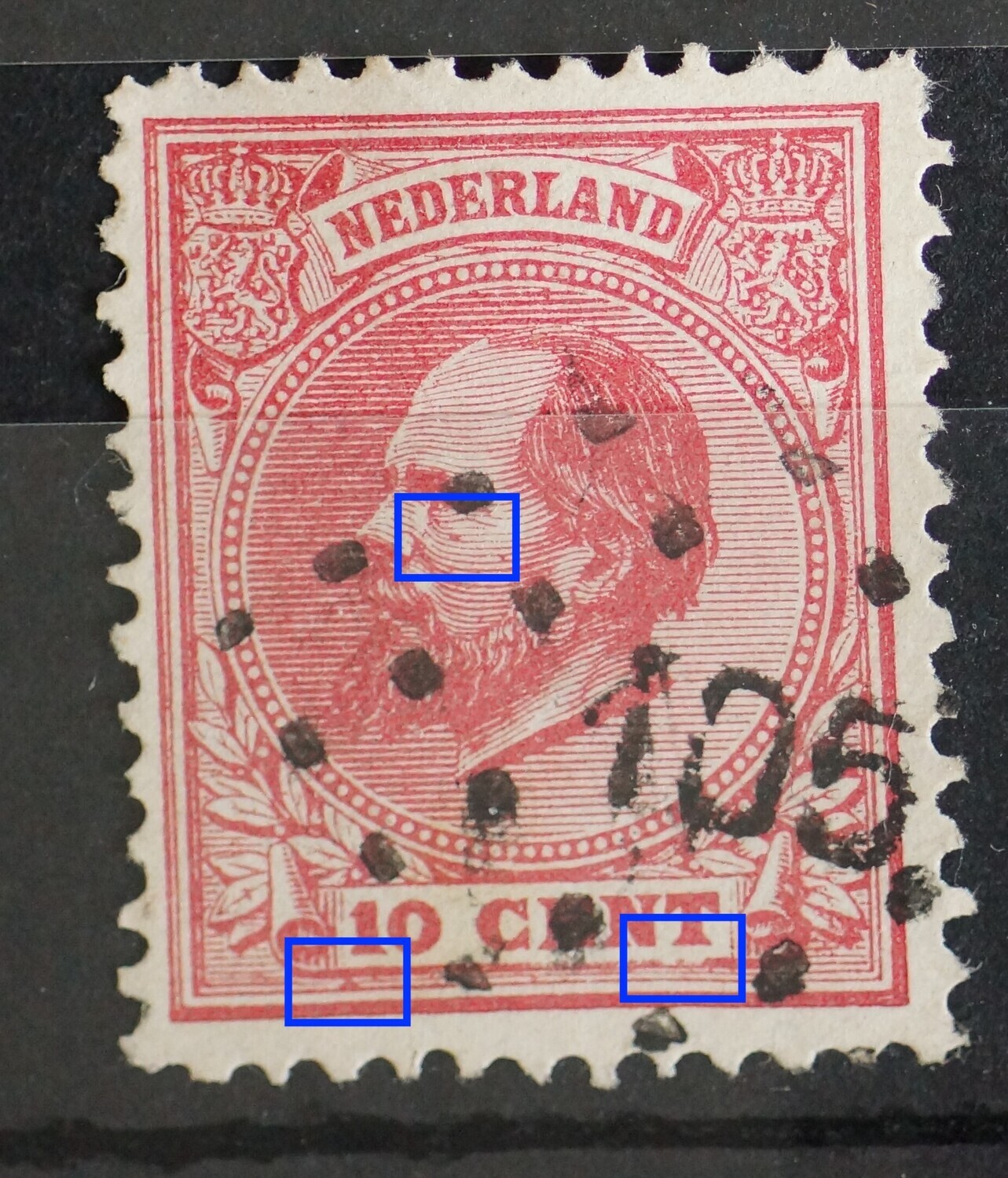 NVPH 21 - o.a. rode vlek onder de 1 van 10