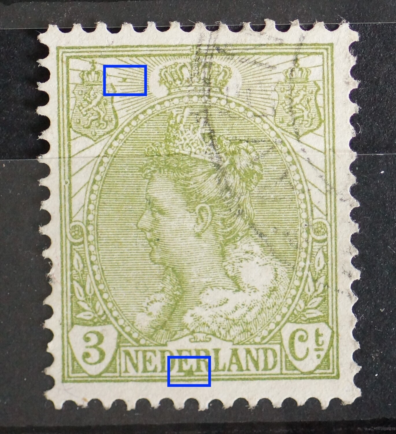 NVPH 57 - o.a. grote groene vlek onder de 2e E van NEDERLAND