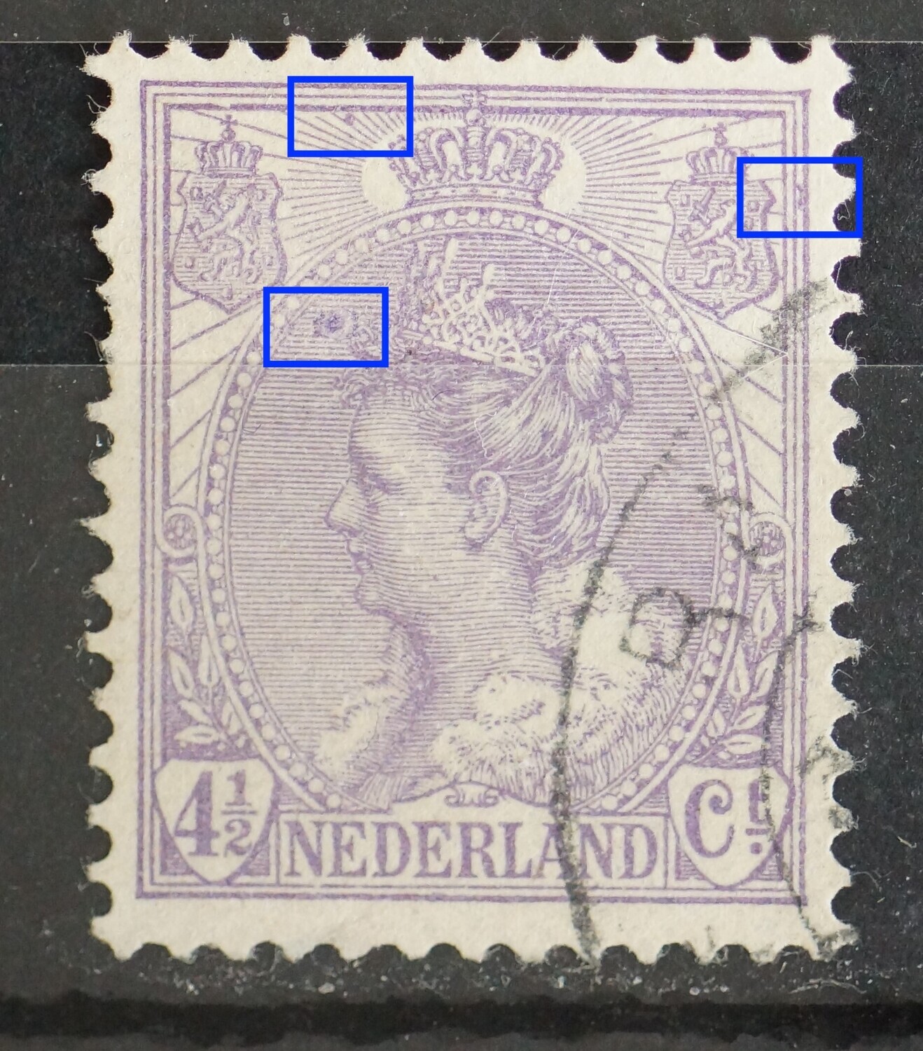 NVPH 59 - o.a. grote violette vlek voor het voorhoofd