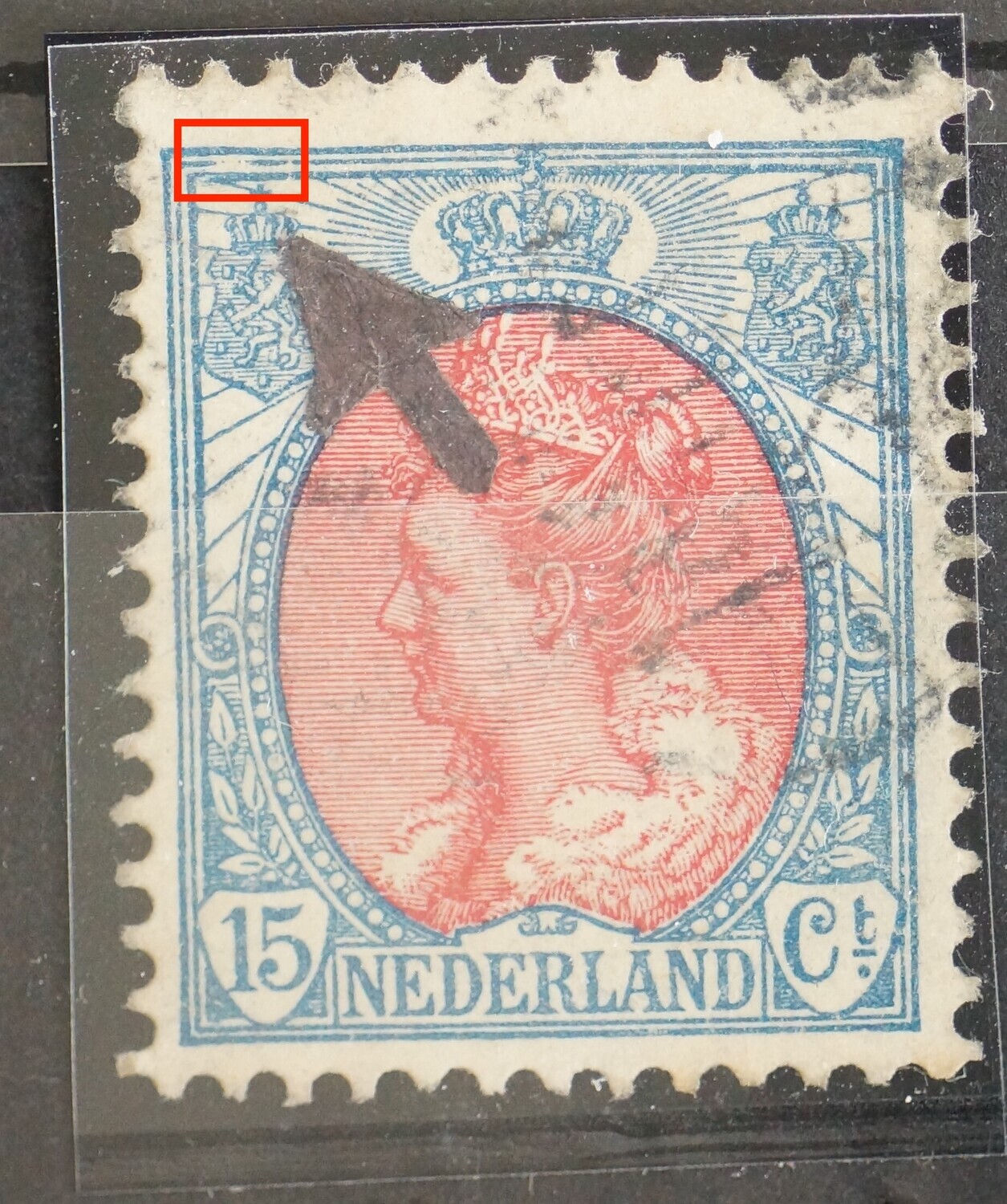 NVPH 65 - grote breuk in kaderlijn boven, links