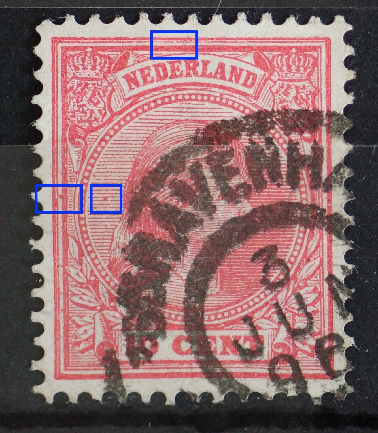 NVPH 37 - o.a. rode punt tussen kaderlijn en rode vlek in arcering links NVPH 37 - o.a. rode punt tussen kaderlijn en rode vlek in arcering links