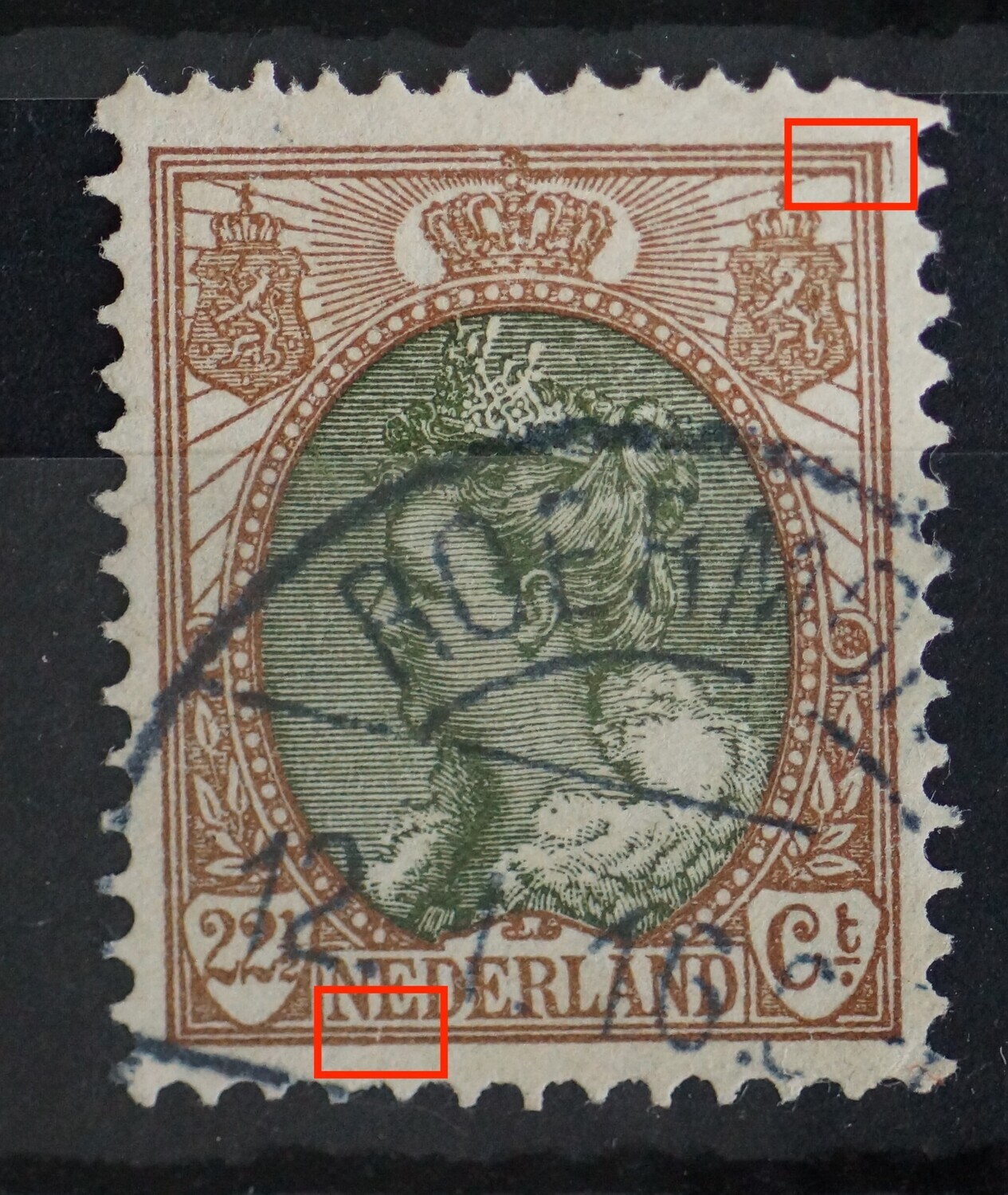 NVPH 70 - o.a. breuk in kaderlijnen onder de 1e E van NEDERLAND
