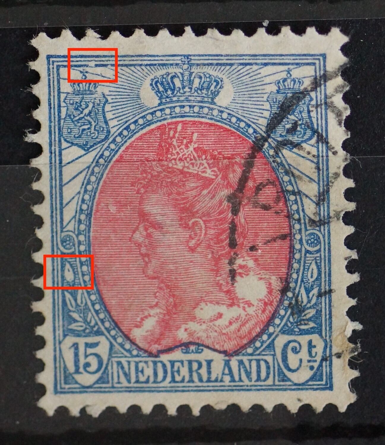 NVPH 65 - breuk in kaderlijn boven, links en deel nerf bovenste blad links ontbreekt