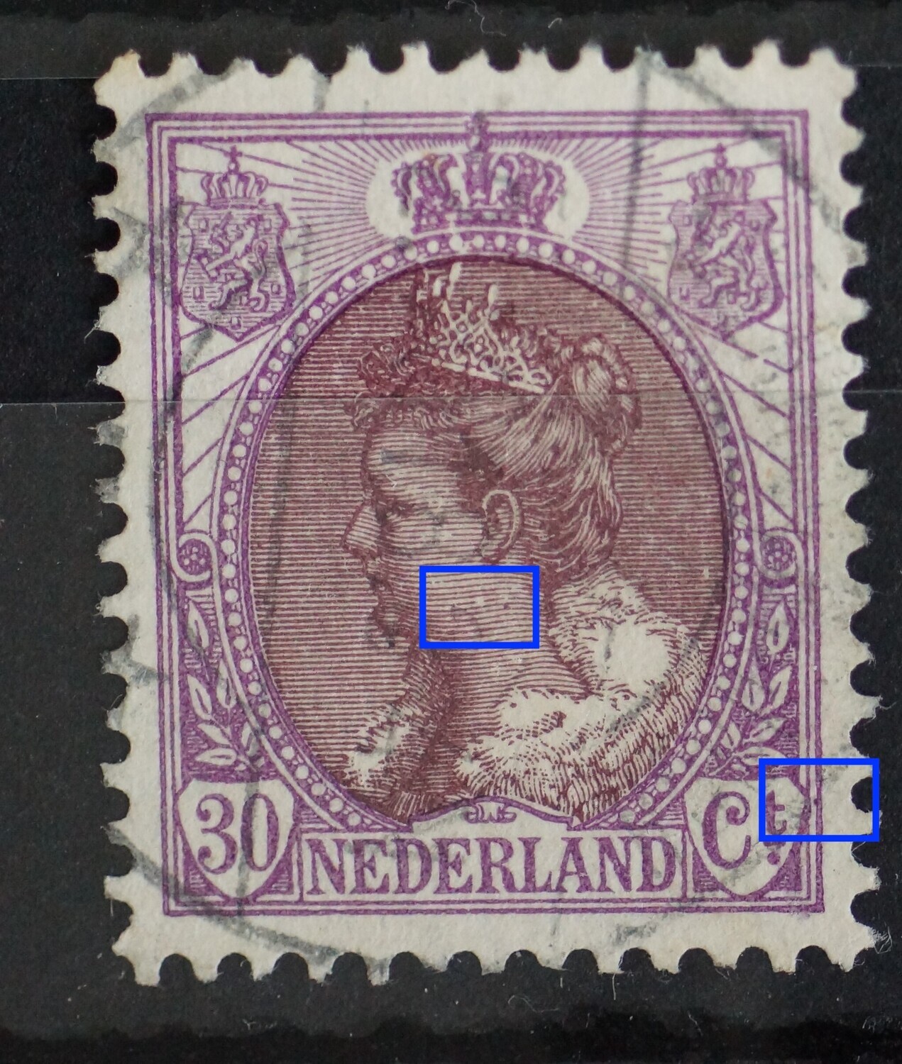 NVPH 72 - breuk in arcering in de hals en violette punt rechts van Ct.