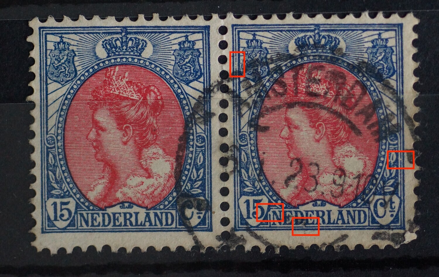 NVPH 65 (paar) - o.a. breuk in kaderlijn links, onder en rechts