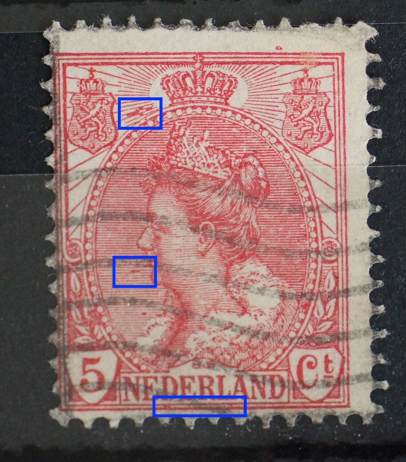 NVPH 60 - o.a. rode vlekken links van kroon en breuk boven de 1e E van NEDERLAND