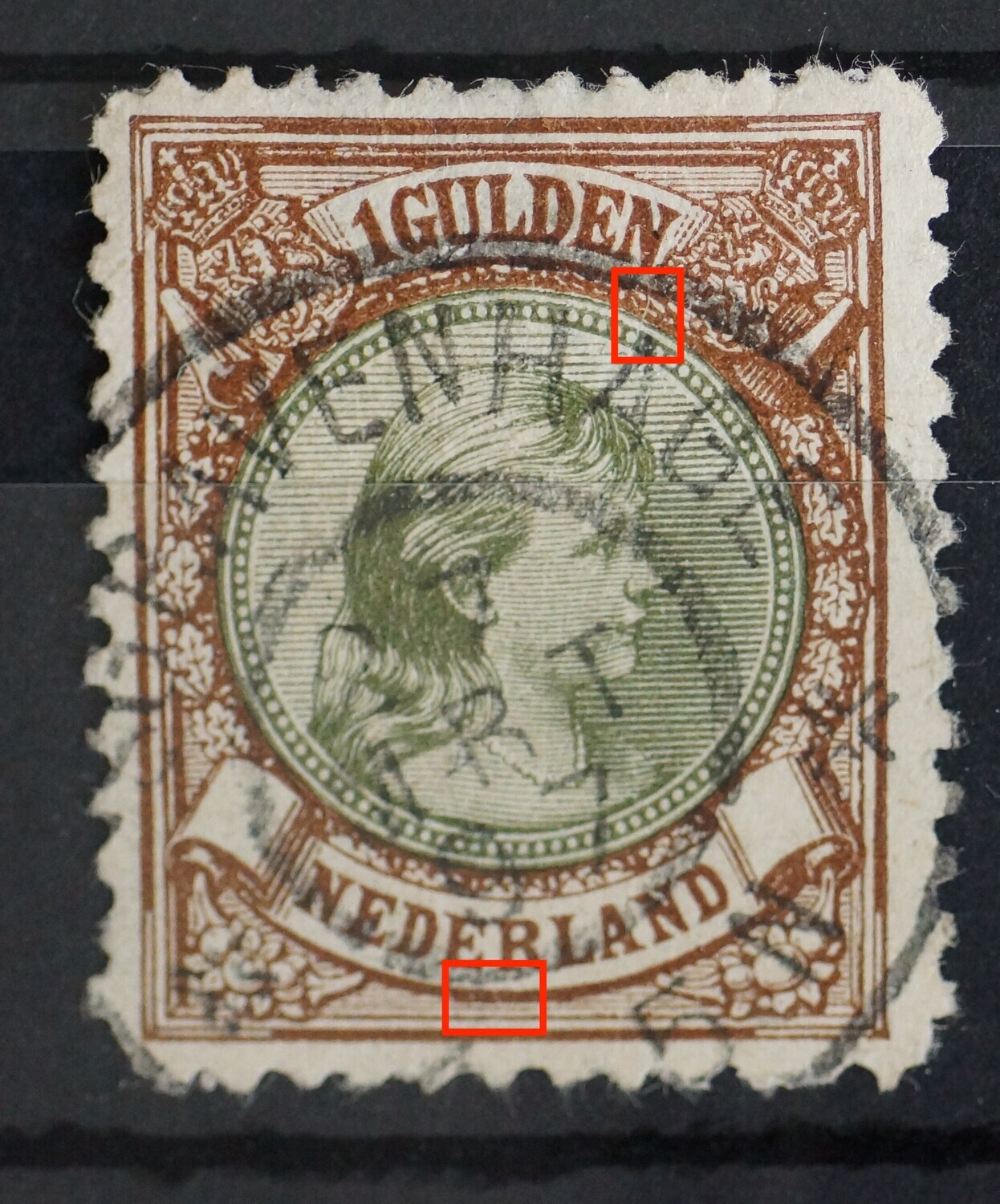 NVPH 46 - o.a. dun wit kraslijntje onder de N van GULDEN