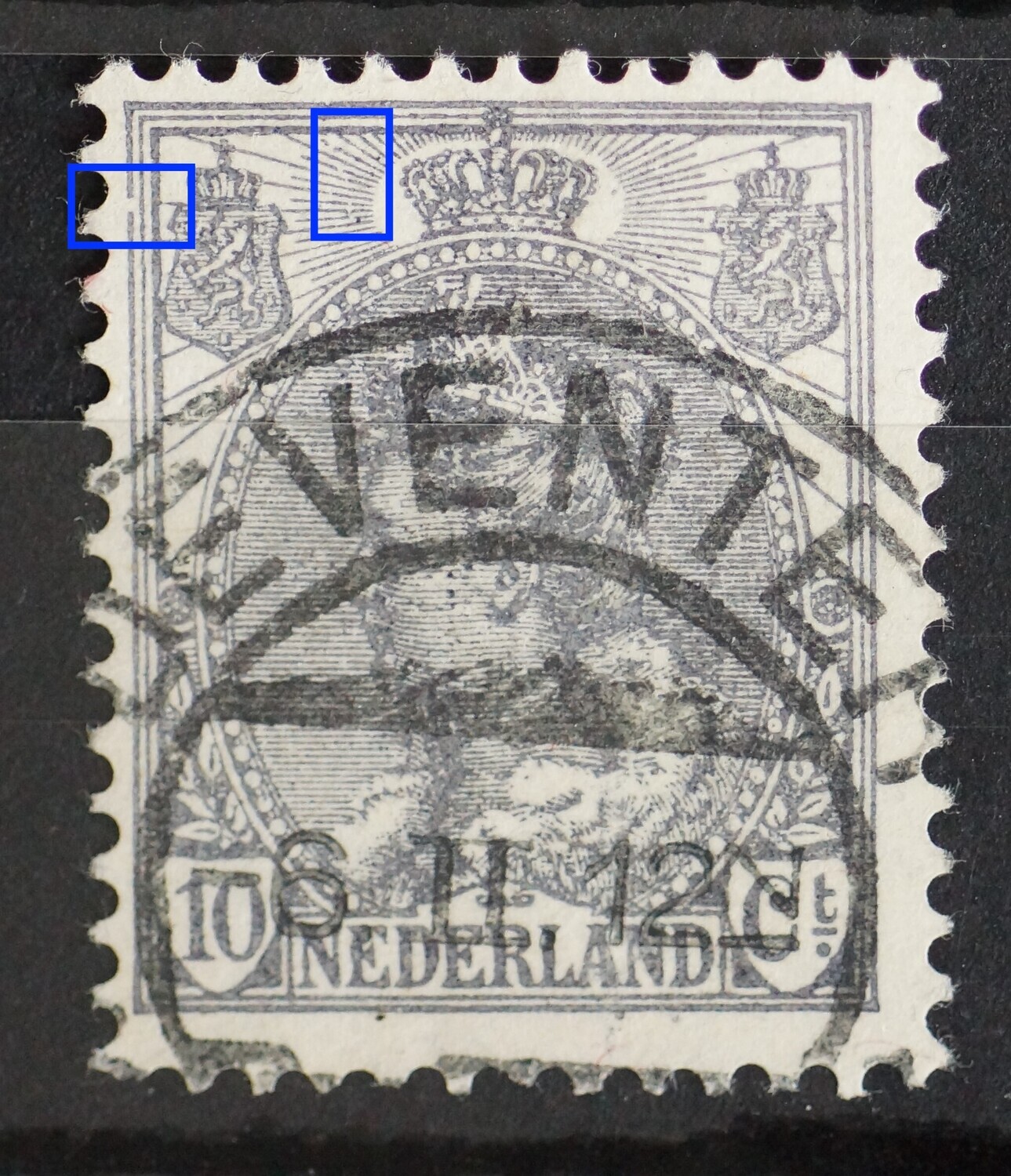 NVPH 62 - breuk in kaderlijn links en breuk in stralen links van kroon NVPH 62 - breuk in kaderlijn links en breuk in stralen links van kroon