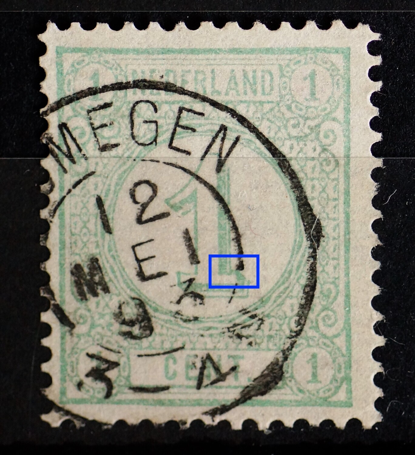 NVPH 31 - groene vlek aan de voet van de grote 1 (rechts)