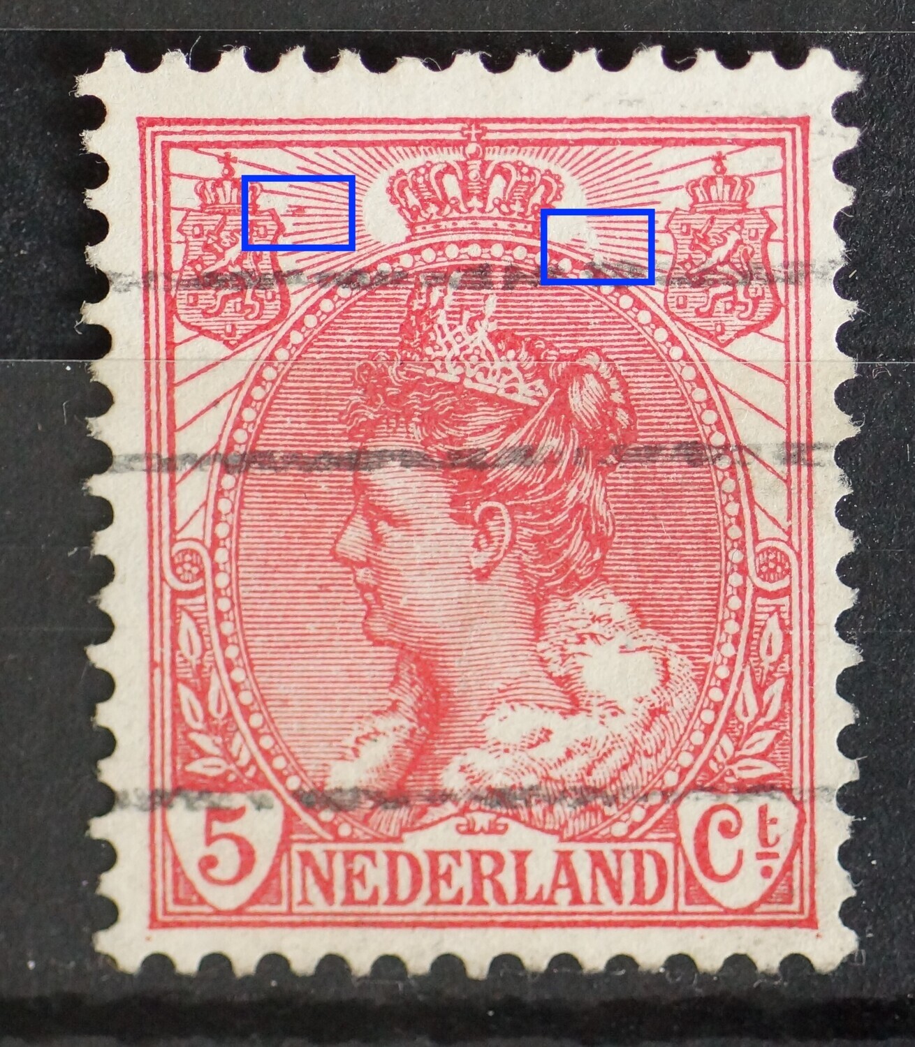 NVPH 60 - o.a. breuk in straal rechts van kroon en rode vlek links va kroon