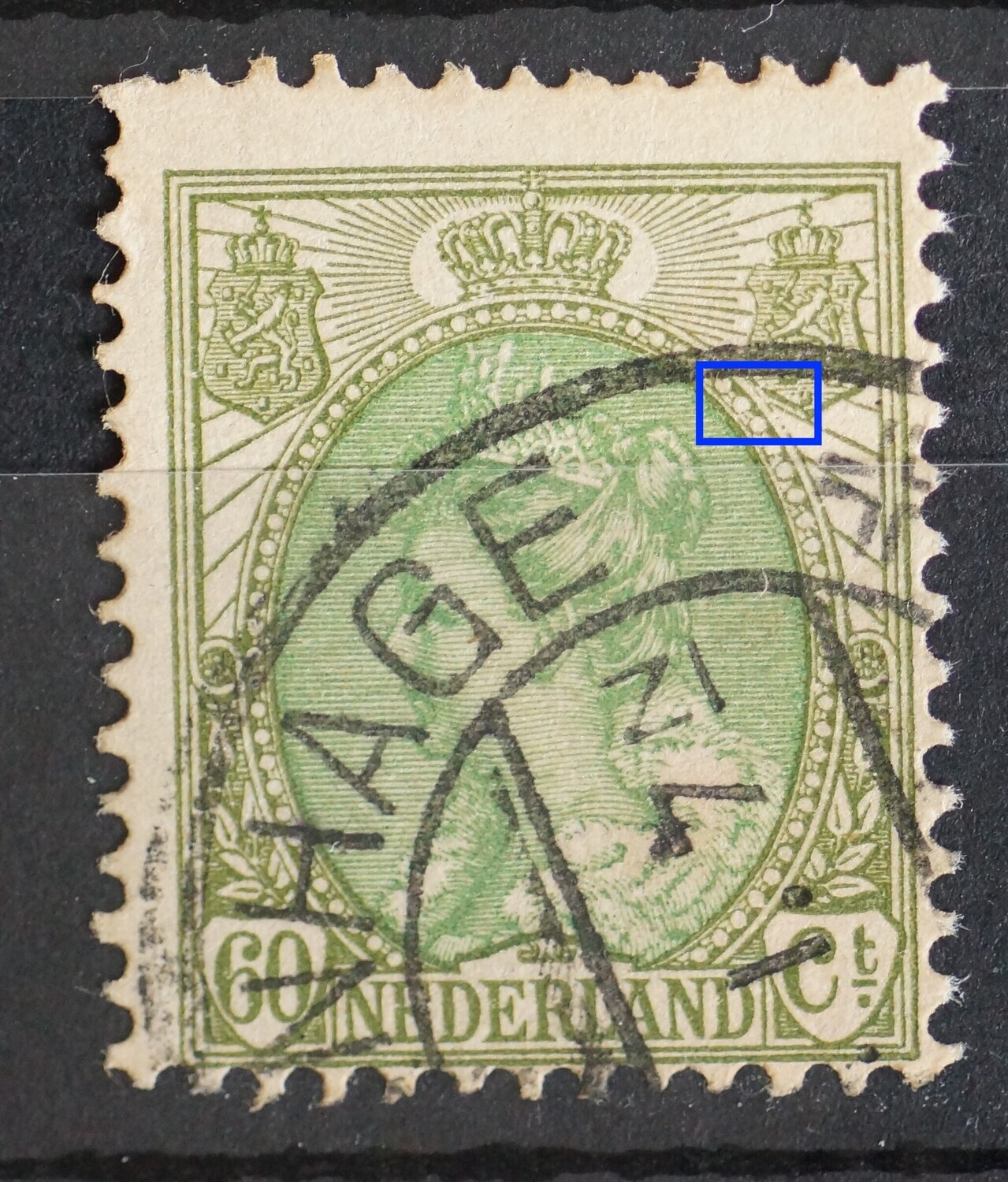 NVPH 76 - beschadigde rand medaillon onder rechter wapenschild