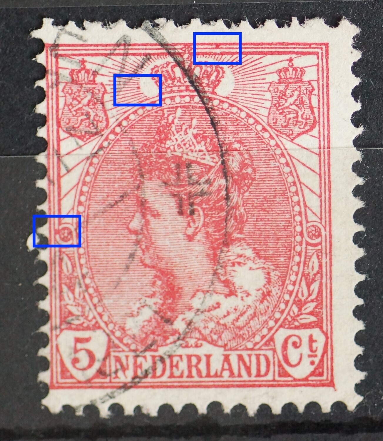 NVPH 60 - rode vlekken in het zegelbeeld, op diverse plaatsen