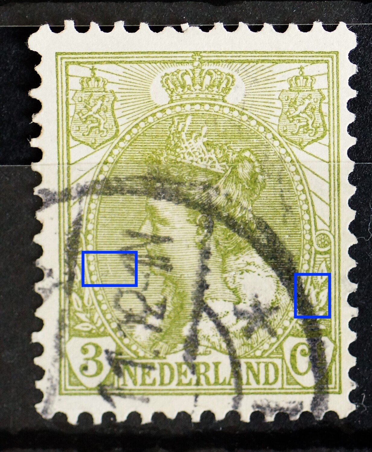 NVPH 57 - o.a. grote witte vlek tussen de bladeren rechts