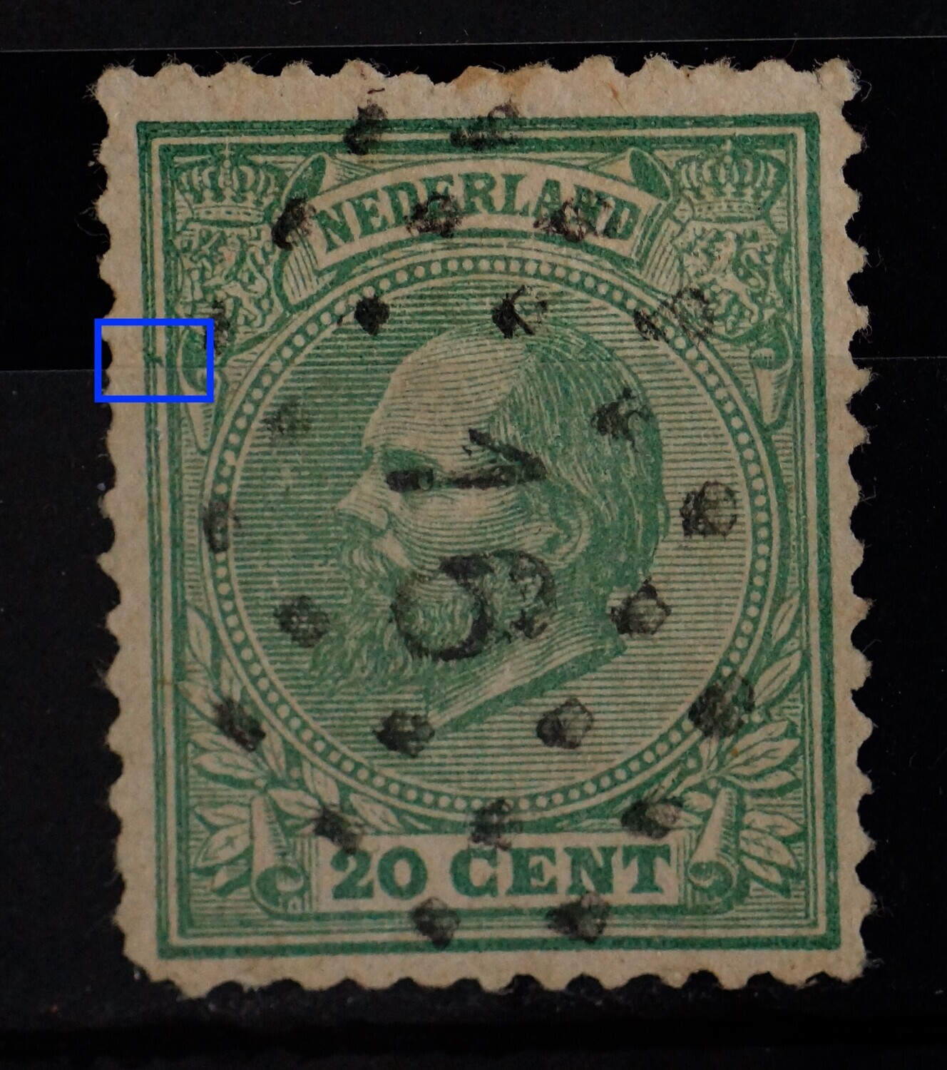 NVPH 24 - groene vlek tussen kaderlijnen links NVPH 24 - groene vlek tussen kaderlijnen links