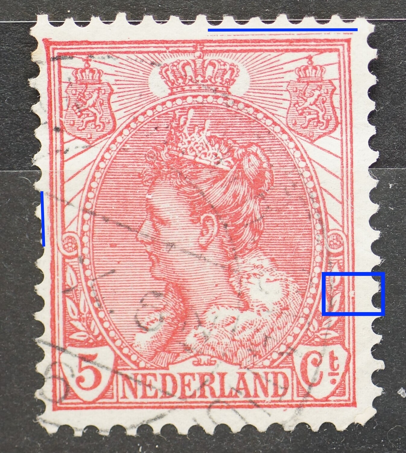 NVPH 60 - o.a. extra lijn boven zegelbeeld en witte vlek / blokje in kaderlijn rechts NVPH 60 - o.a. extra lijn boven zegelbeeld en witte vlek / blokje in kaderlijn rechts