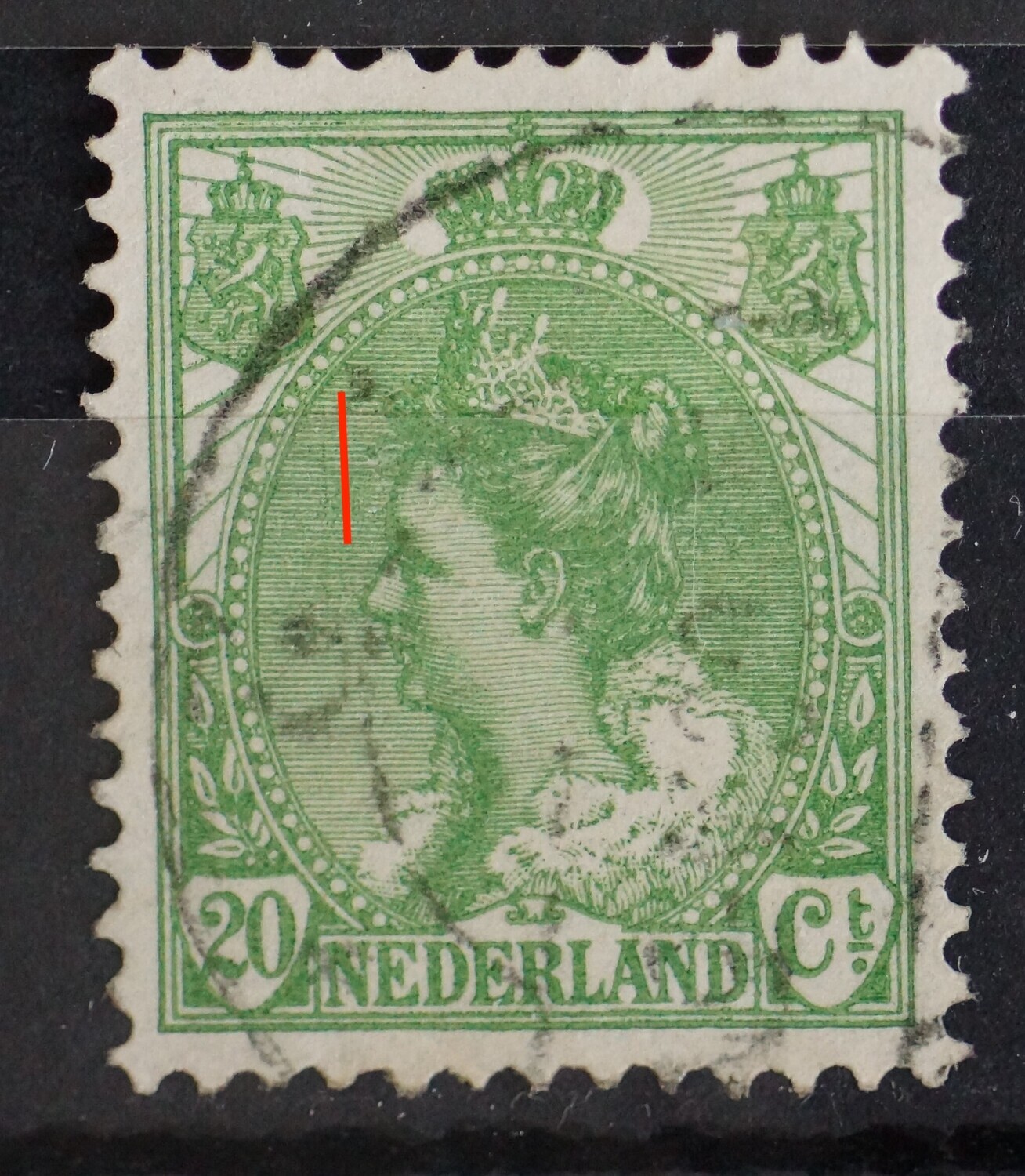 NVPH 68 - groene verticale lijn voor het voorhoofd
