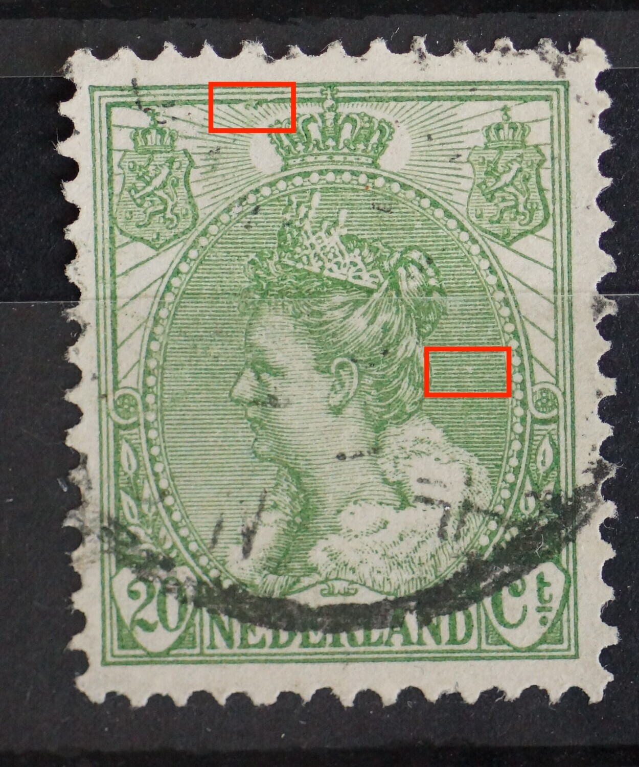 NVPH 68 - o.a. groene stippen tussen stralen links van kroon