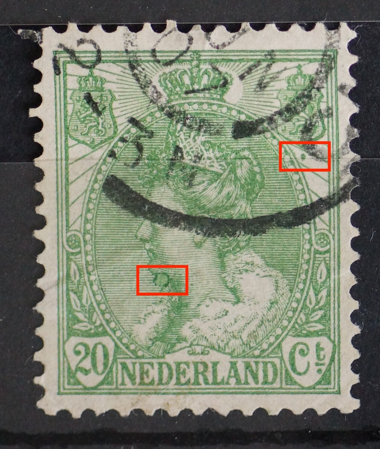 NVPH 68 - grote watervlek onder de kin en groene 'druppel' onder rechter wapenschild
