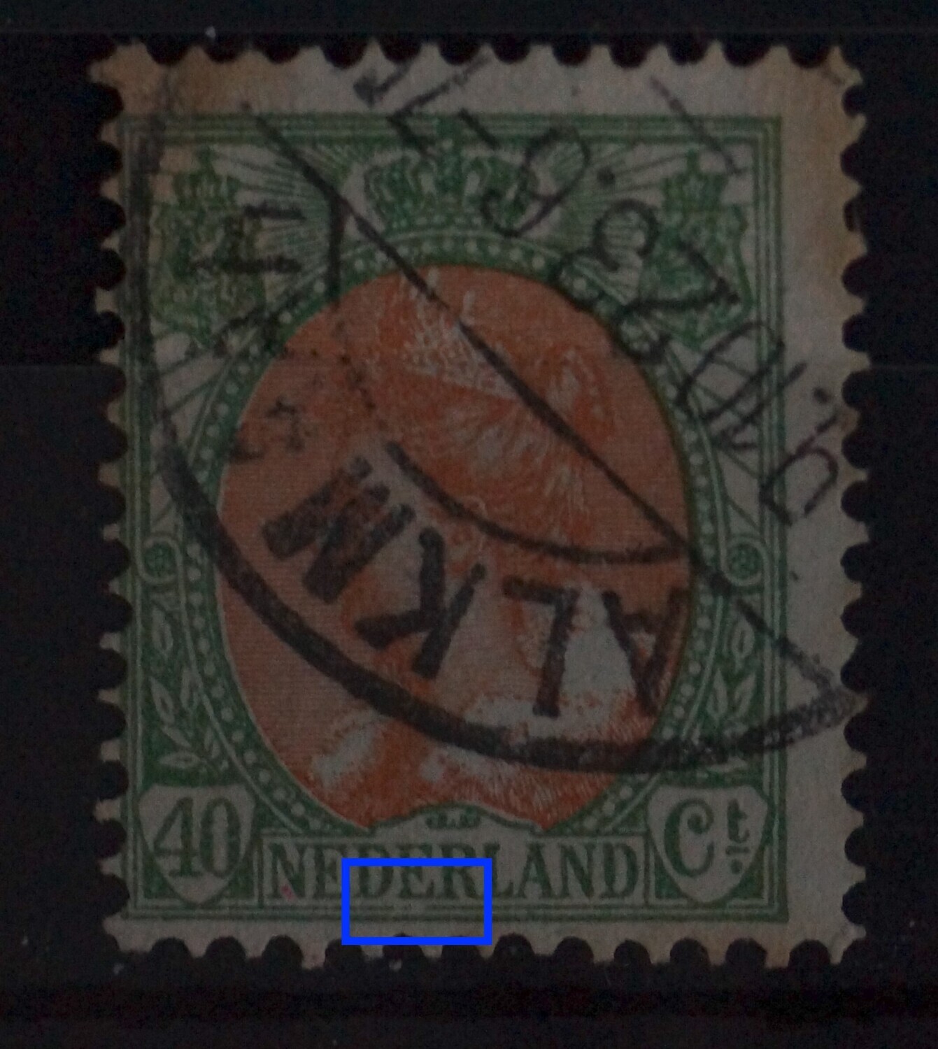 NVPH 73 - grote breuk in kaderlijn onder de 2e E van NEDERLAND