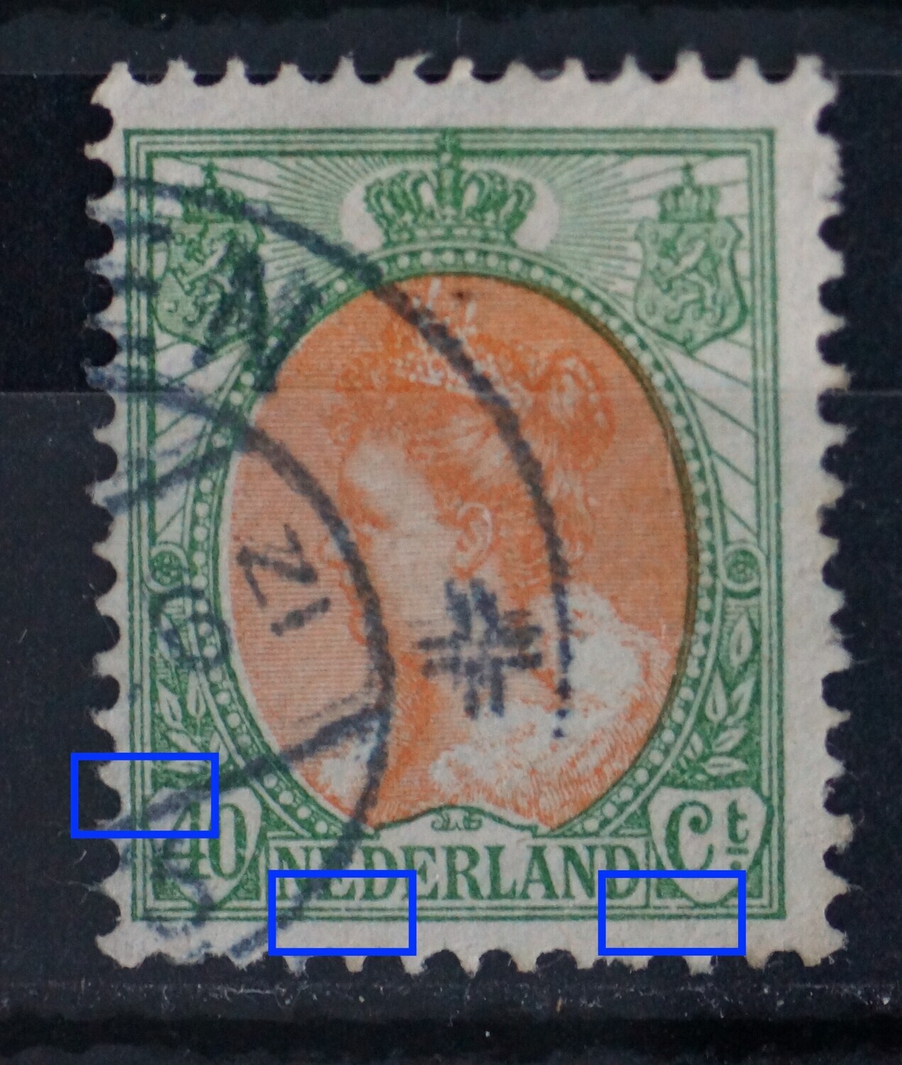 NVPH 73 - o.a. breuk in kaderlijn onder 1e E van NEDERLAND en links van Ct.