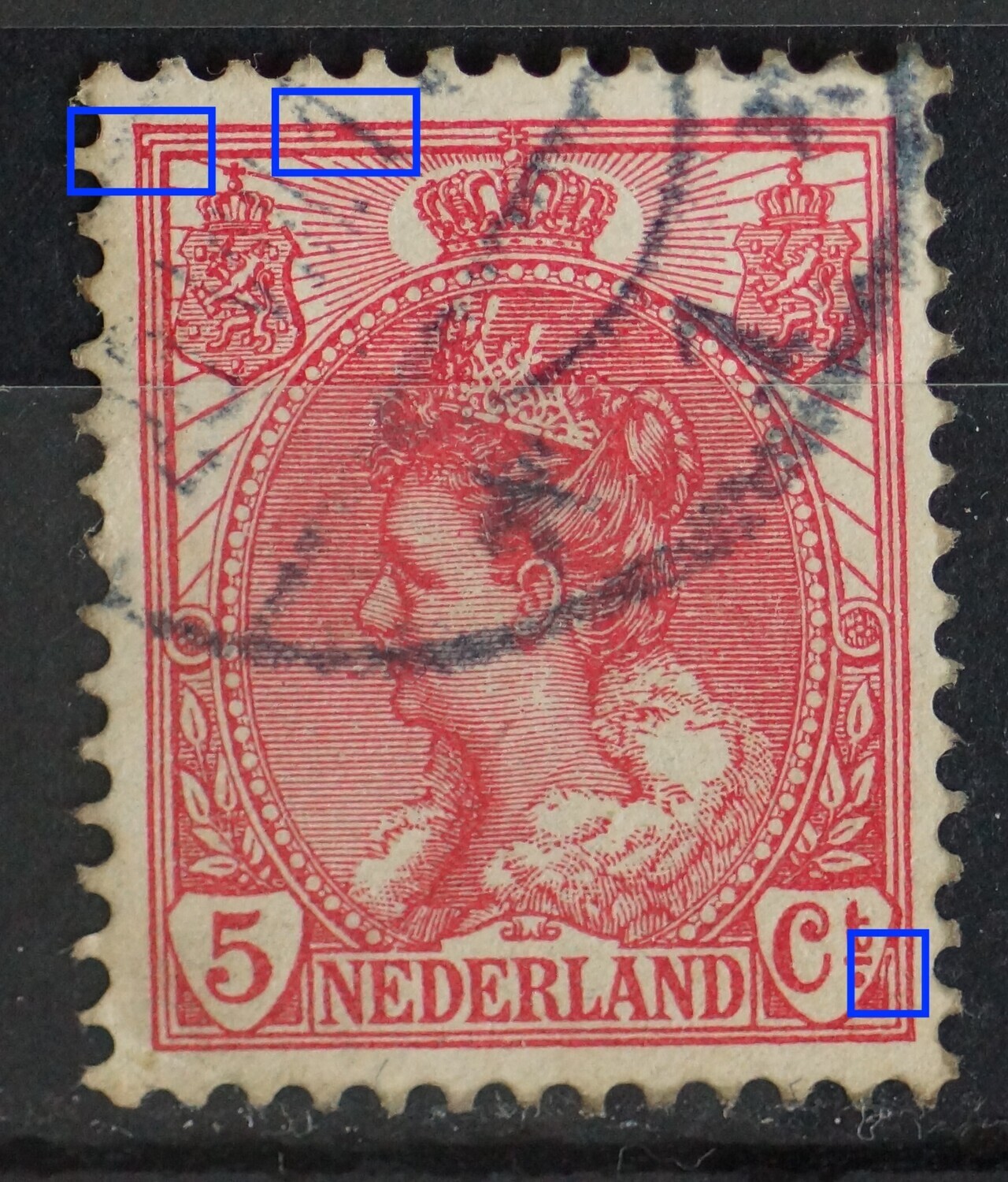 NVPH 60 - o.a. rode vlekken boven en links, beschadigde kaderlijn naast Ct.
