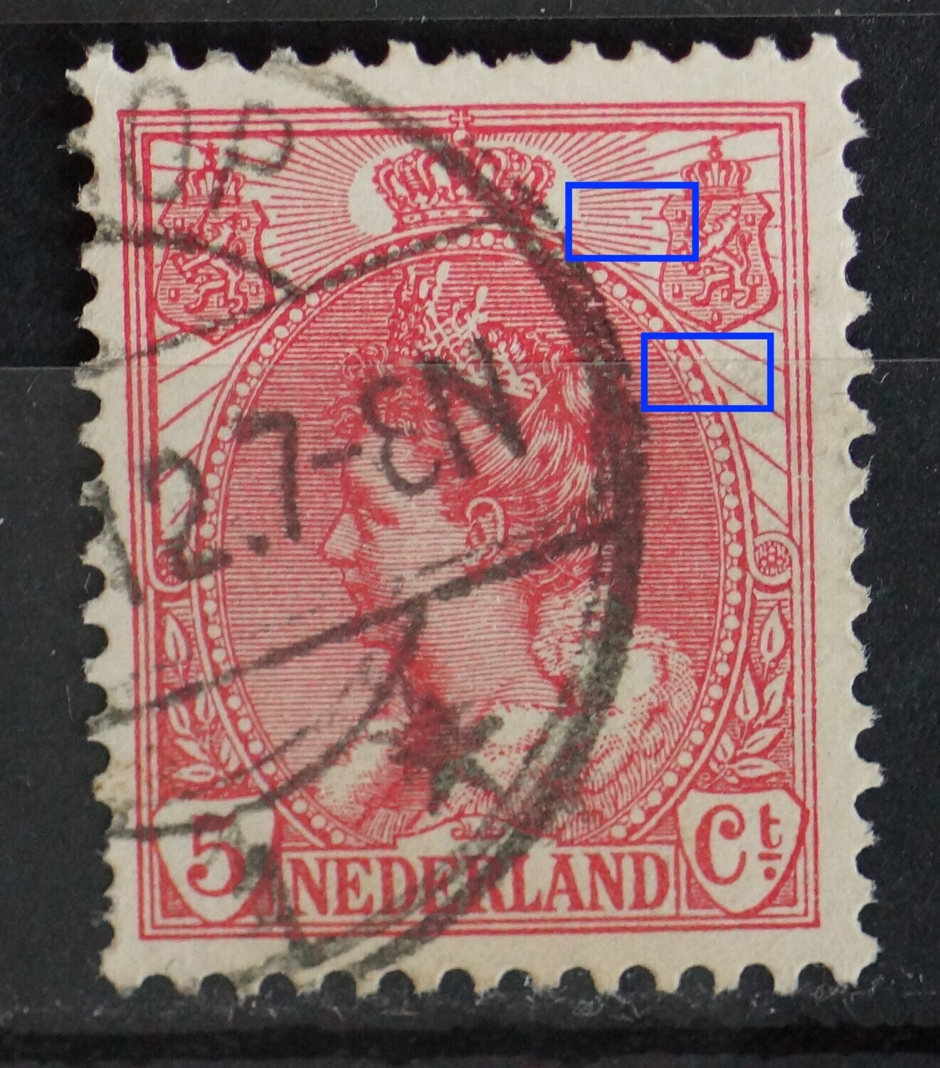 NVPH 60 -  breuk in kaderlijn rechts van kroon, breuk in rand medaillon rechts