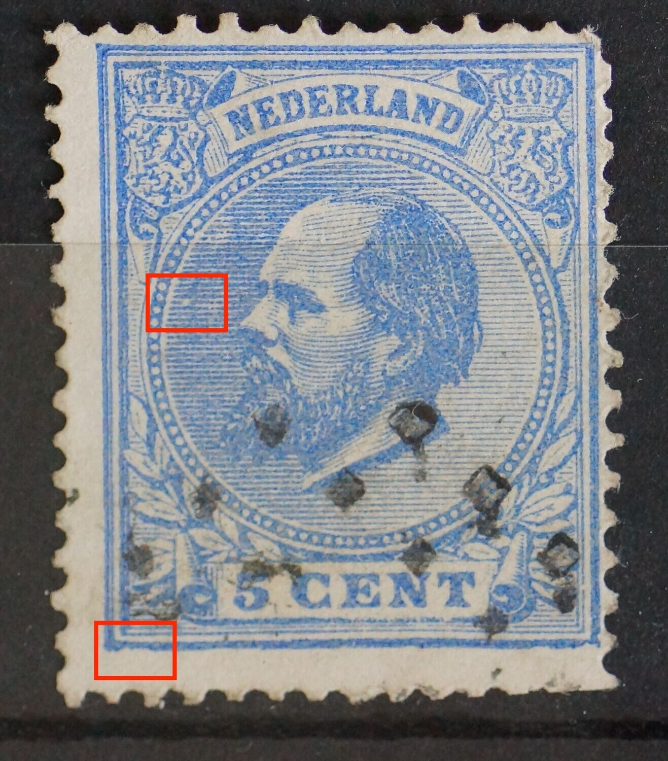 NVPH 19 - o.a. breuk in arcering voor het gezicht en gedeukte kaderlijn onder