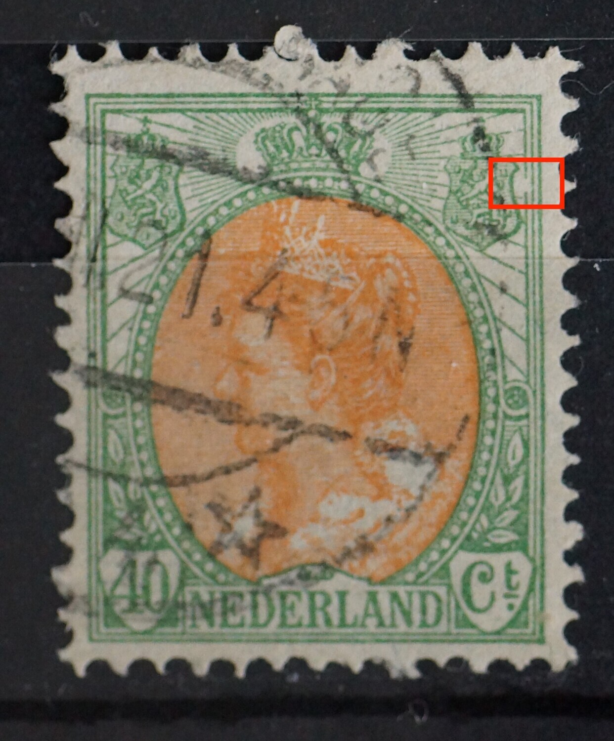 NVPH 73 - grote breuk in kaderlijn rechts, boven