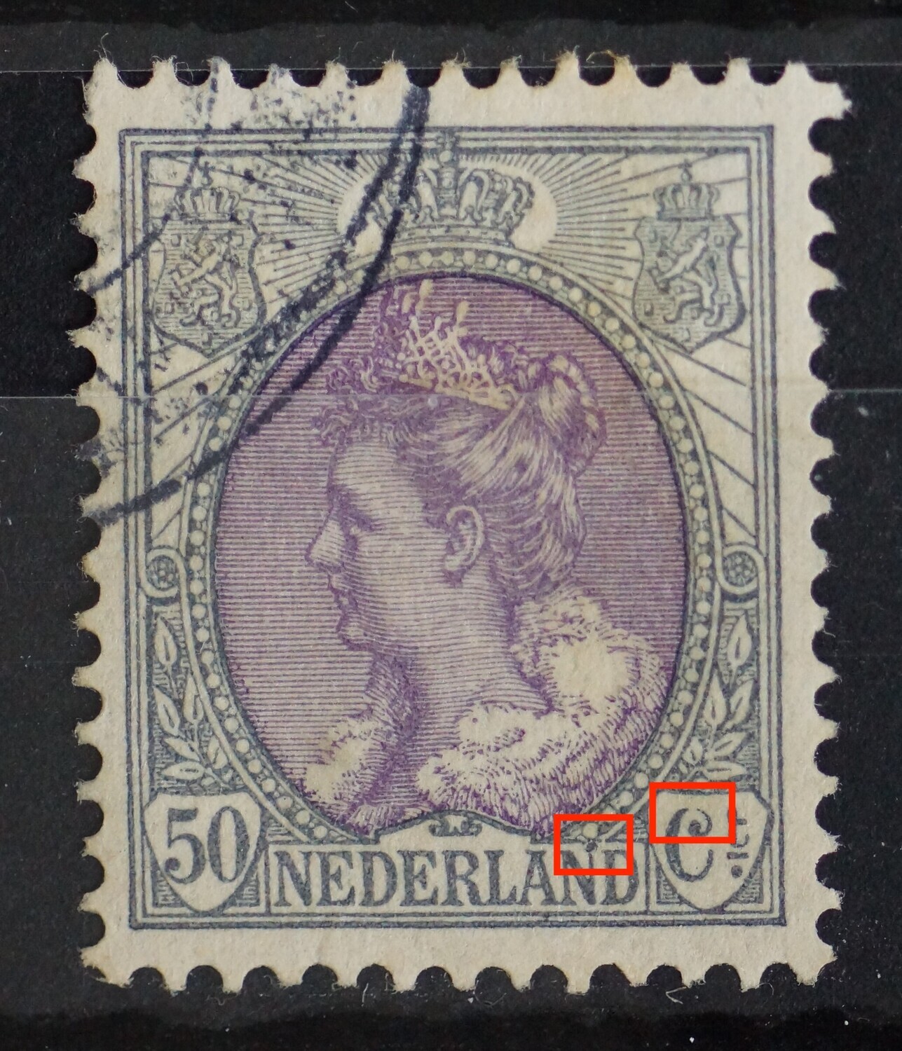 NVPH 75 - breuk in bovenzijde C van Ct. en grijze vlek boven aan de 2e N van NEDERLAND