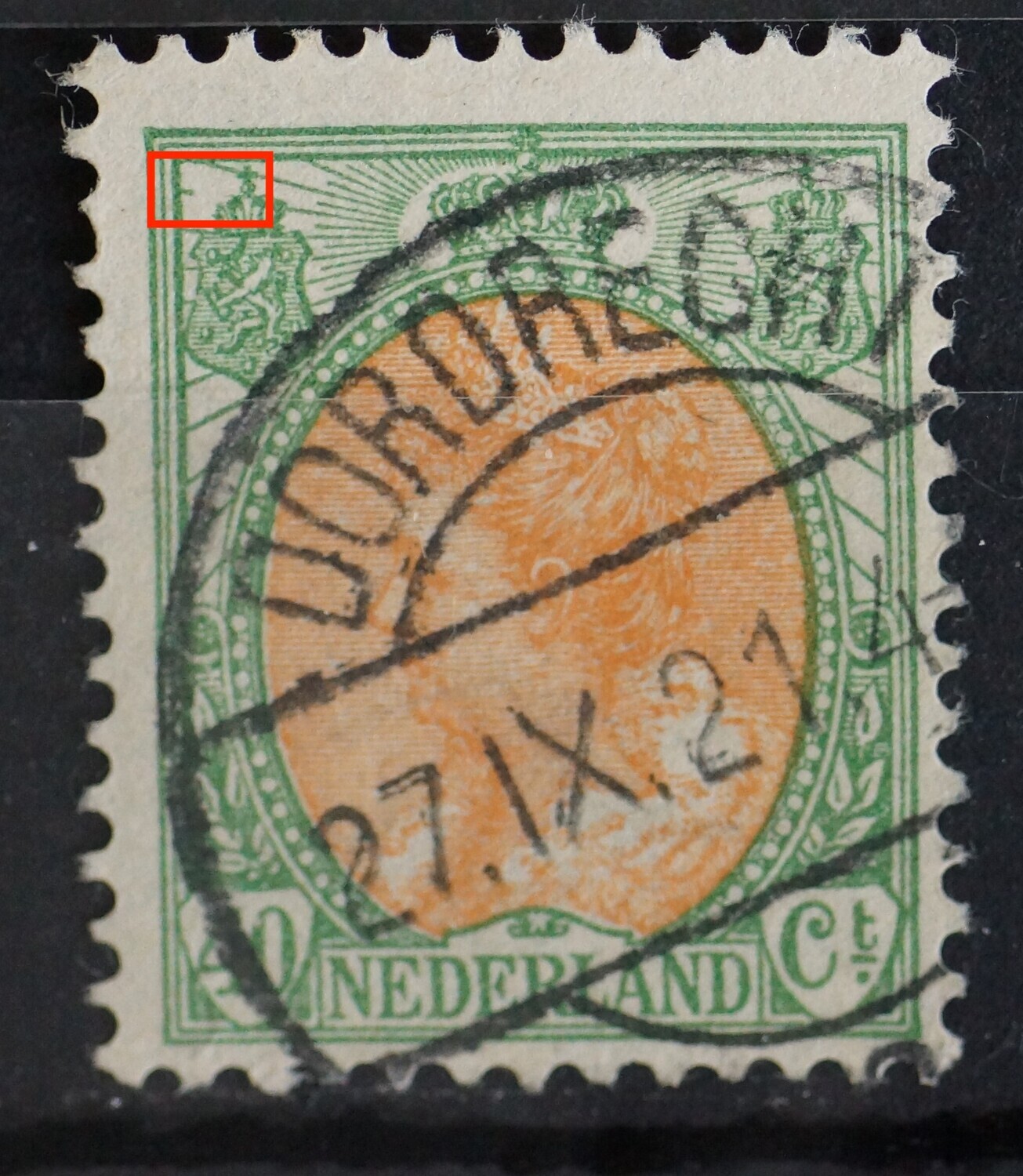 NVPH 73 - grote breuk in straal links van linker wapenschild