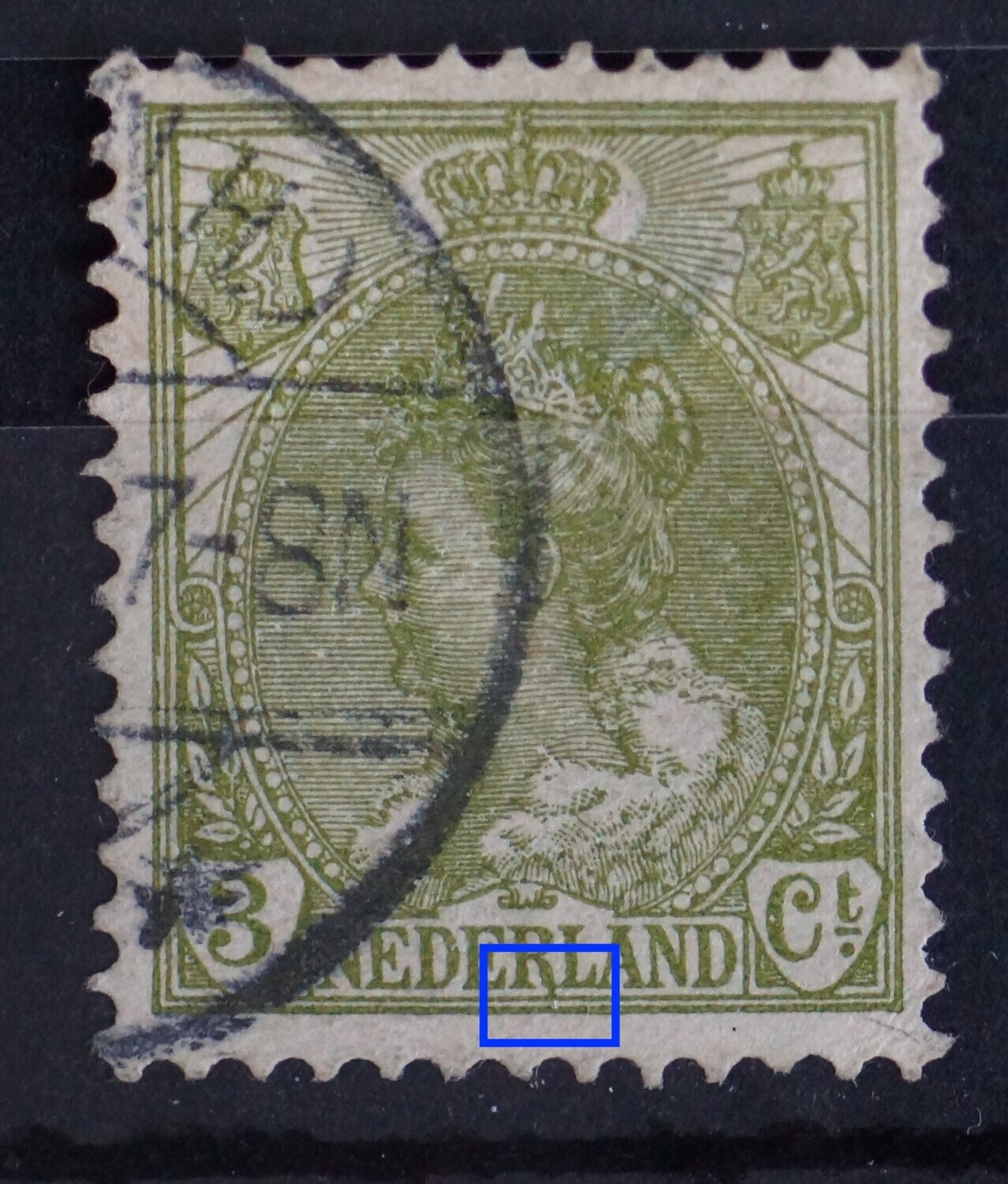 NVPH 57 - groene vlek onder aan de R van NEDERLAND