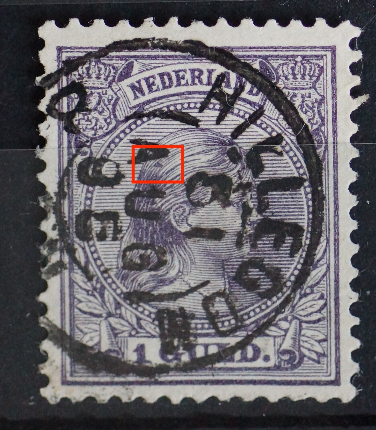 NVPH 44 - driehoekige grijsviolette vlek in het haar