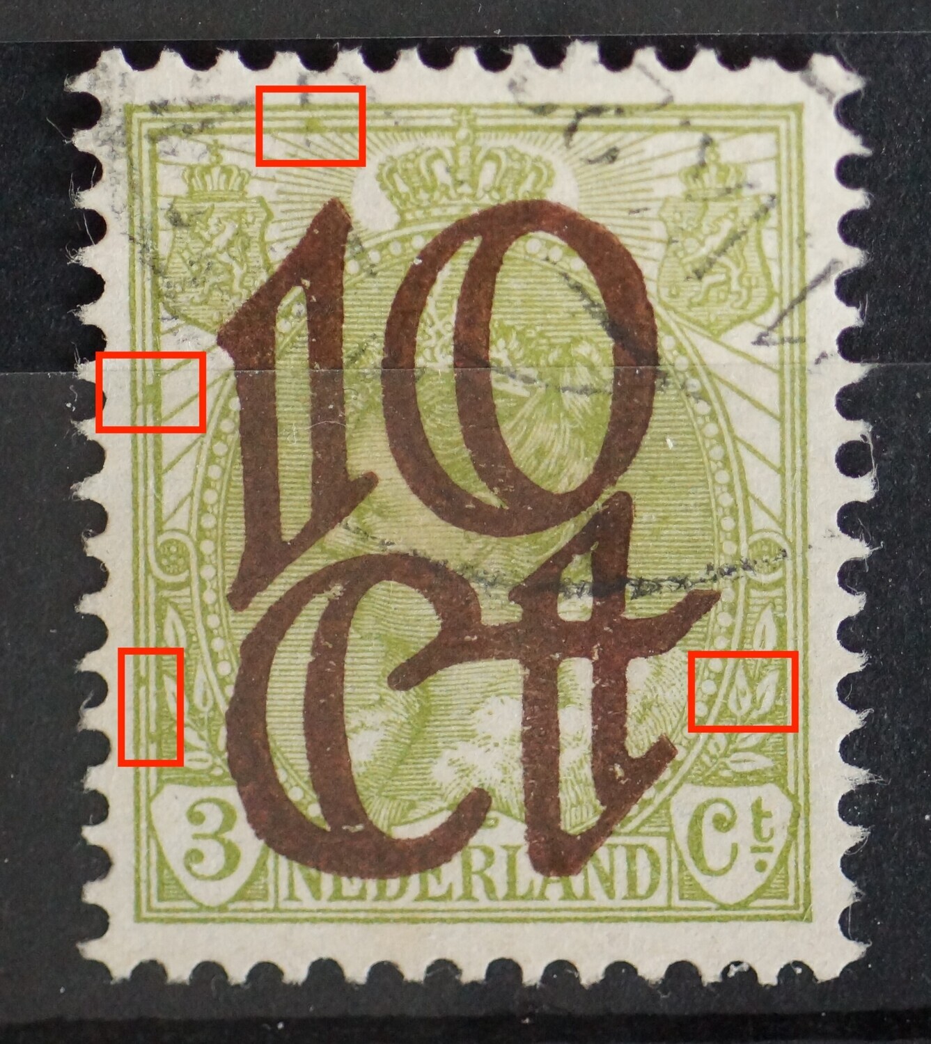 NVPH 116 - groene vlekken op diverse plaatsen in het zegelbeeld
