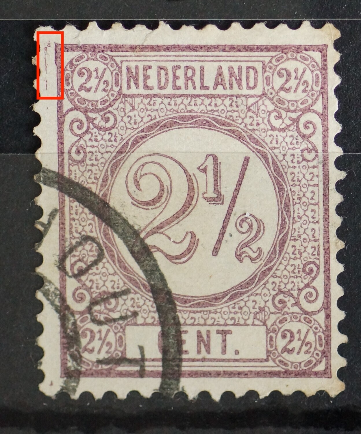 NVPH 33 - violette lijn links naast het zegelbeeld