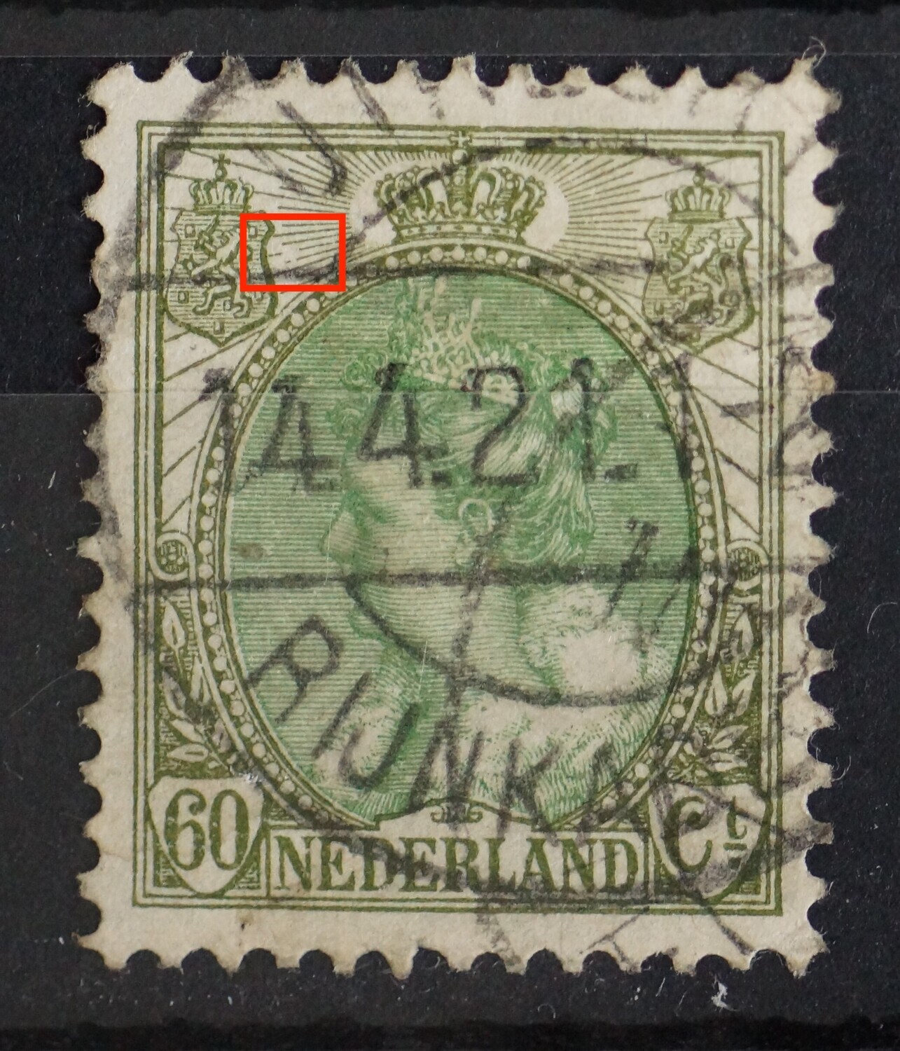 NVPH 78 - breuk in straal naast linker wapenschild NVPH 78 - breuk in straal naast linker wapenschild