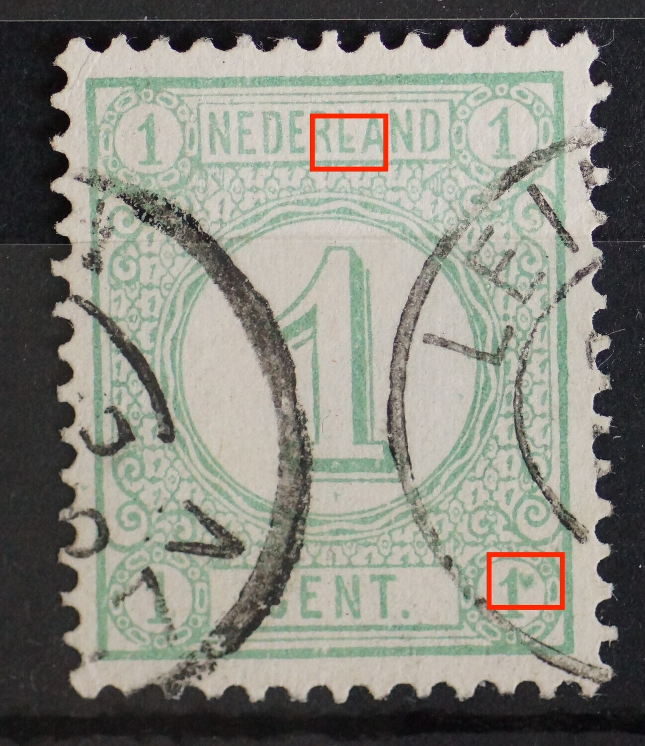 NVPH 31 - groene vlek (hartje) bij de 1 rechtsonder en groen vlekje bij de L van NEDERLAND