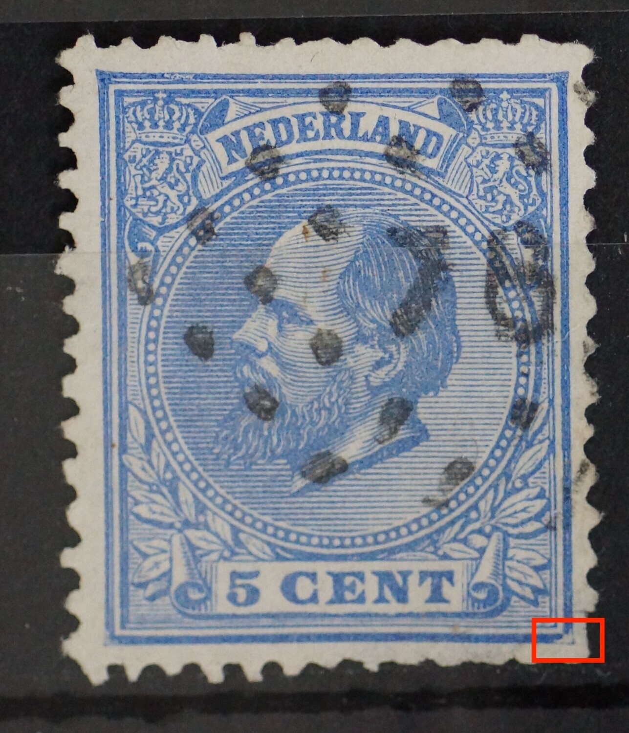 NVPH 19 - witte vlek in kaderlijnen rechtsonder NVPH 19 - witte vlek in kaderlijnen rechtsonder