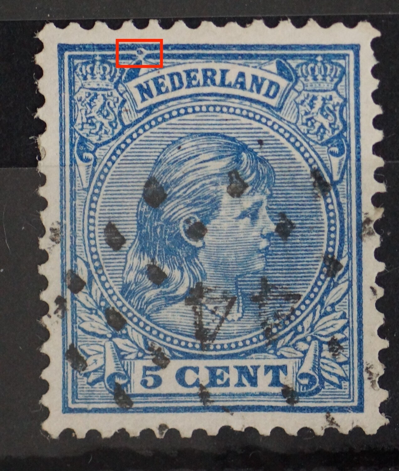 NVPH 35 - grote blauwe punt boven de 1e N van NEDERLAND