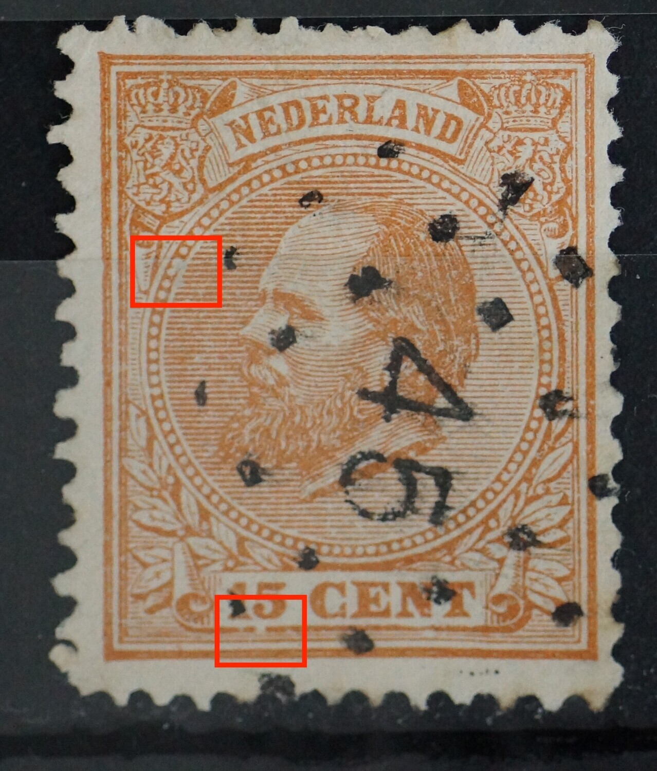 NVPH 23 - witte vlek in parelrand, breuk in lijn onder de 5 NVPH 23 - witte vlek in parelrand, breuk in lijn onder de 5