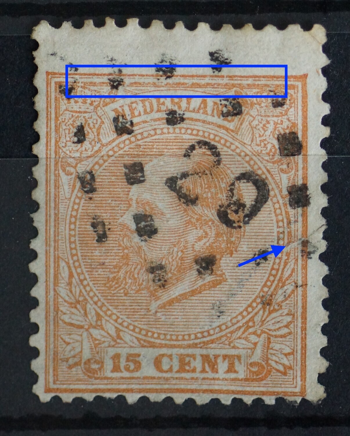 NVPH 23 - kaderlijn boven zeer onregelmatig - extra lange zegel