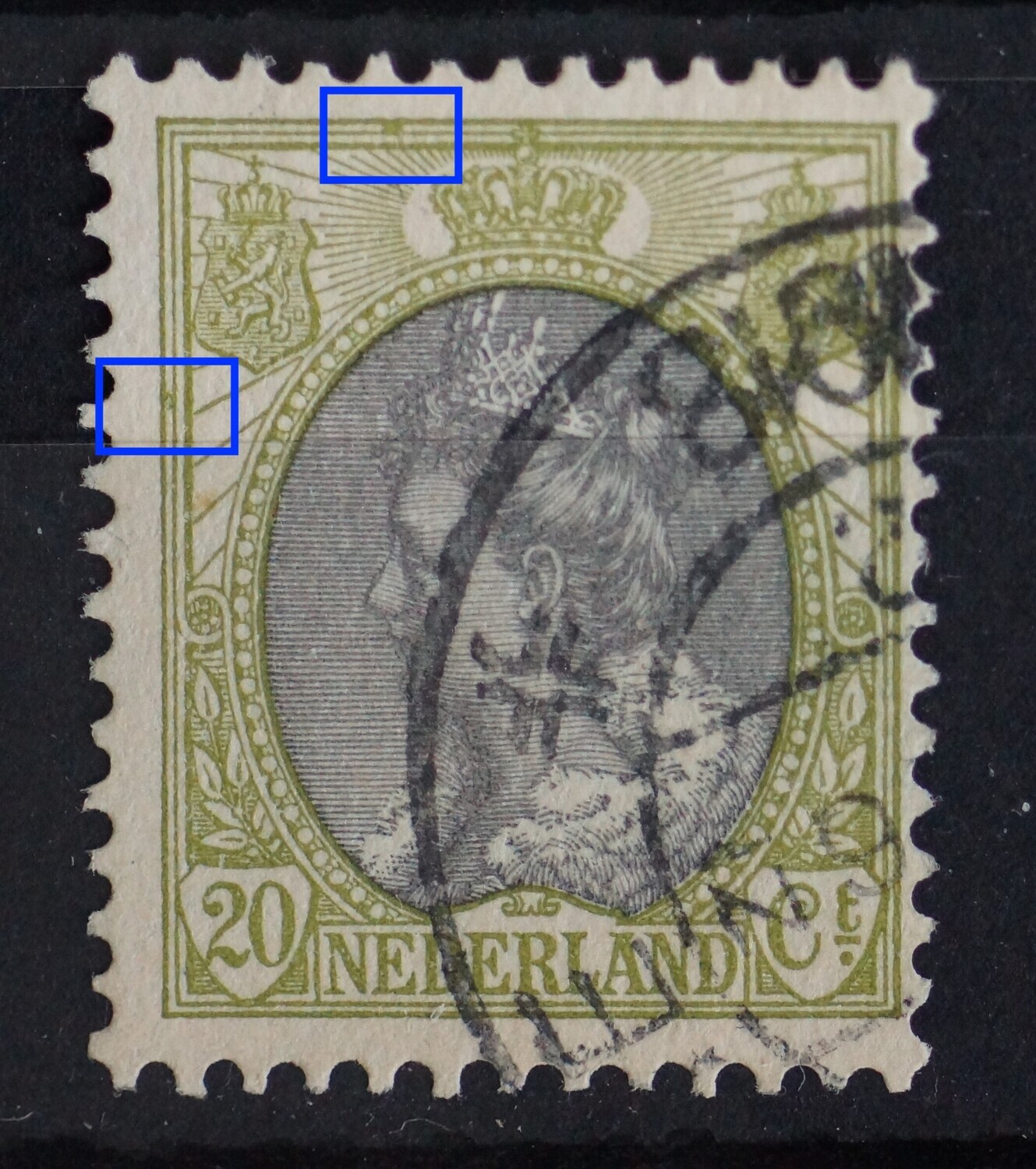 NVPH 69 - groene vlekken tussen kaderlijnen links en boven NVPH 69 - groene vlekken tussen kaderlijnen links en boven