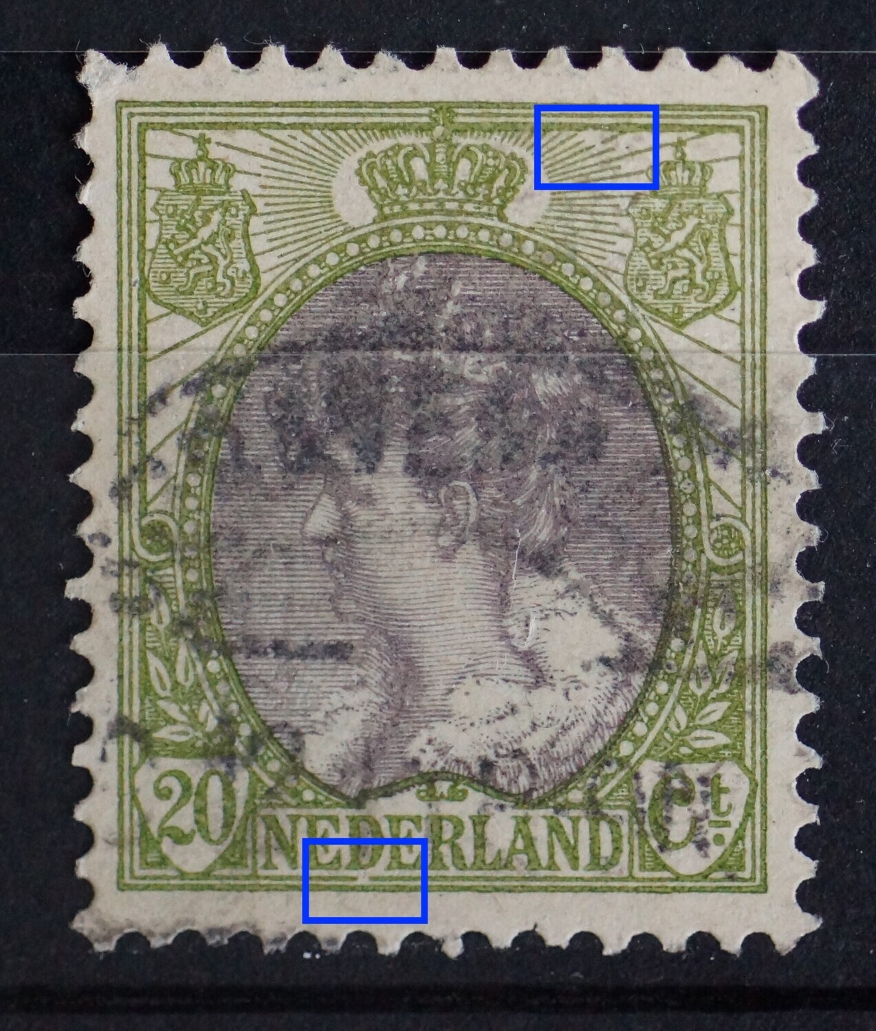 NVPH 69 - o.a. breuk in kaderlijn onder de 1e D van NEDERLAND