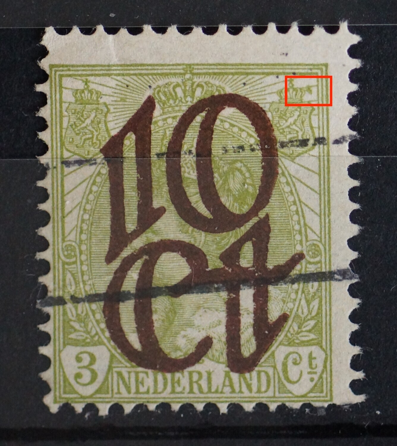 NVPH 116 - groene vlek rechts van rechter wapenschild