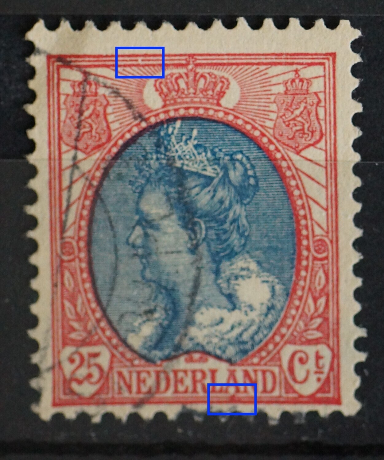 NVPH 71 - o.a. grote rode vlek onder de A van NEDERLAND