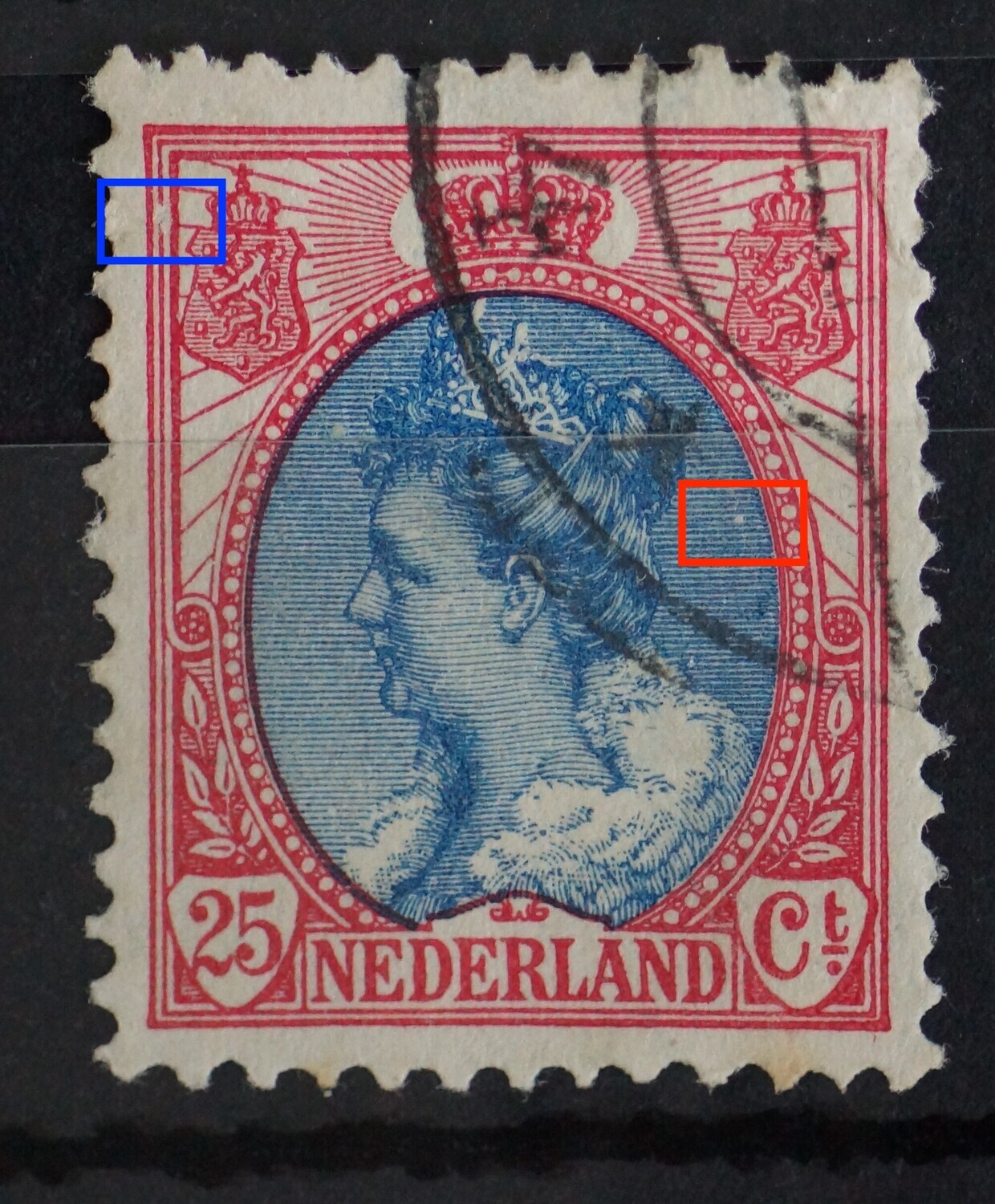 NVPH 71 - breuk in kaderlijn links, boven en breuk in arcering rechts NVPH 71 - breuk in kaderlijn links, boven en breuk in arcering rechts