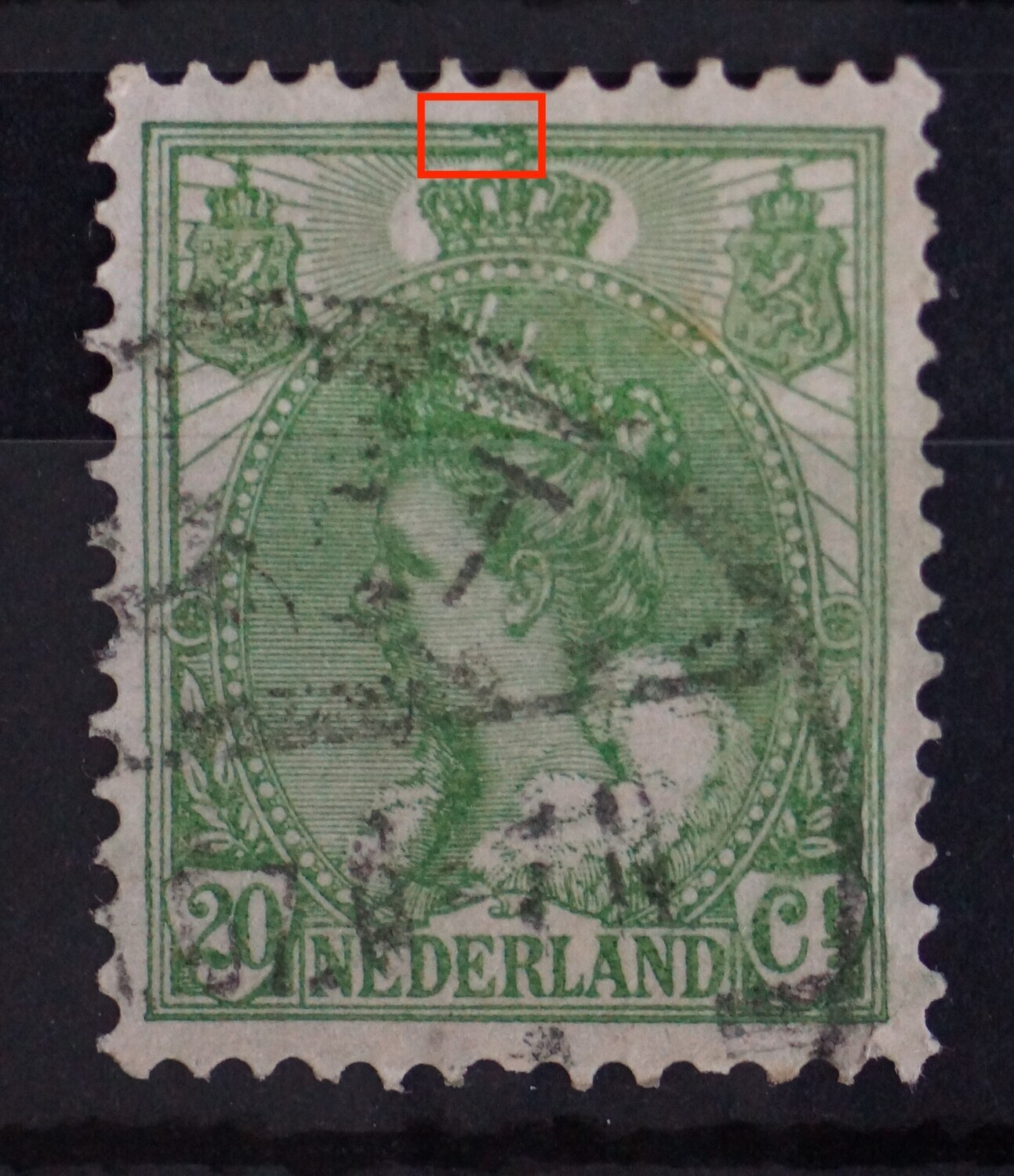 NVPH 68 - groene vlek tussen kaderlijnen net links van kroon