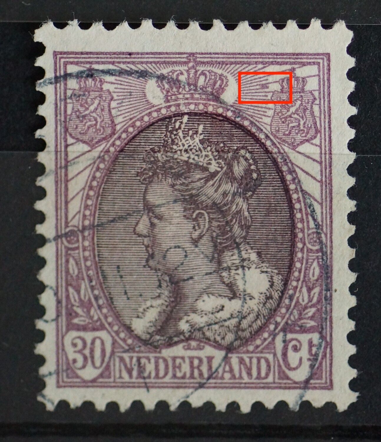 NVPH 72 - violette vlek in arcering bij rechter wapenschild