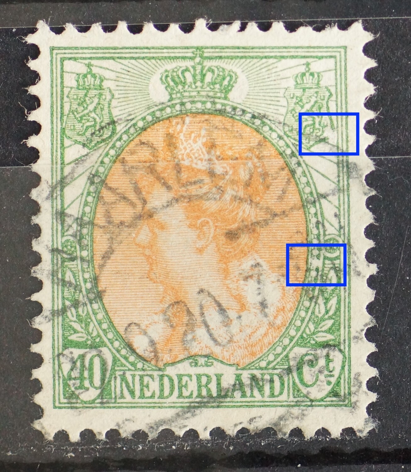 NVPH 73 - witte vlek in rand medaillon rechts en breuk onderin rechter wapenschild