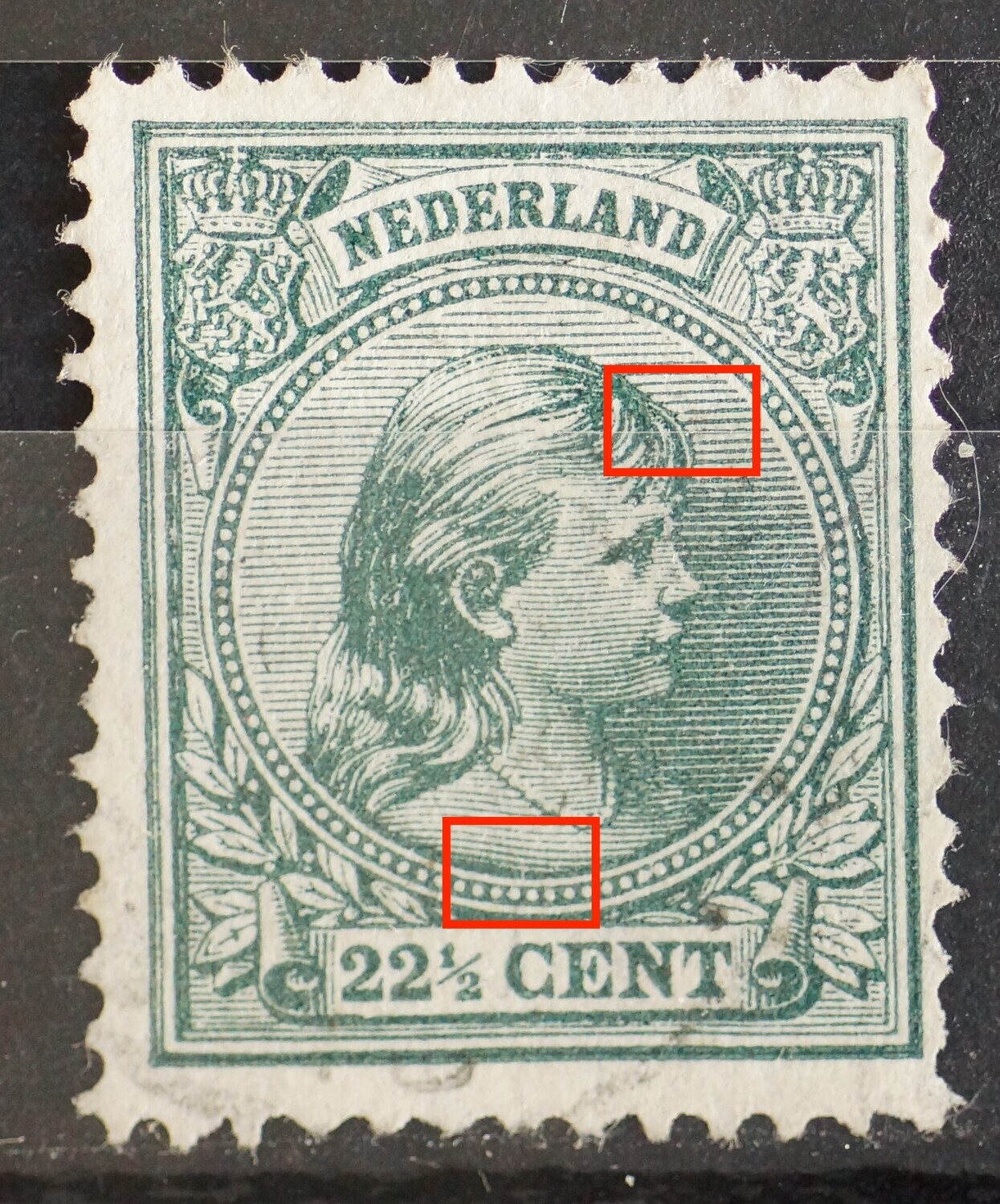 NVPH 41 - o.a. breukje in rand medaillon onder en in arcering voor het voorhoofd NVPH 41 - o.a. breukje in rand medaillon onder en in arcering voor het voorhoofd